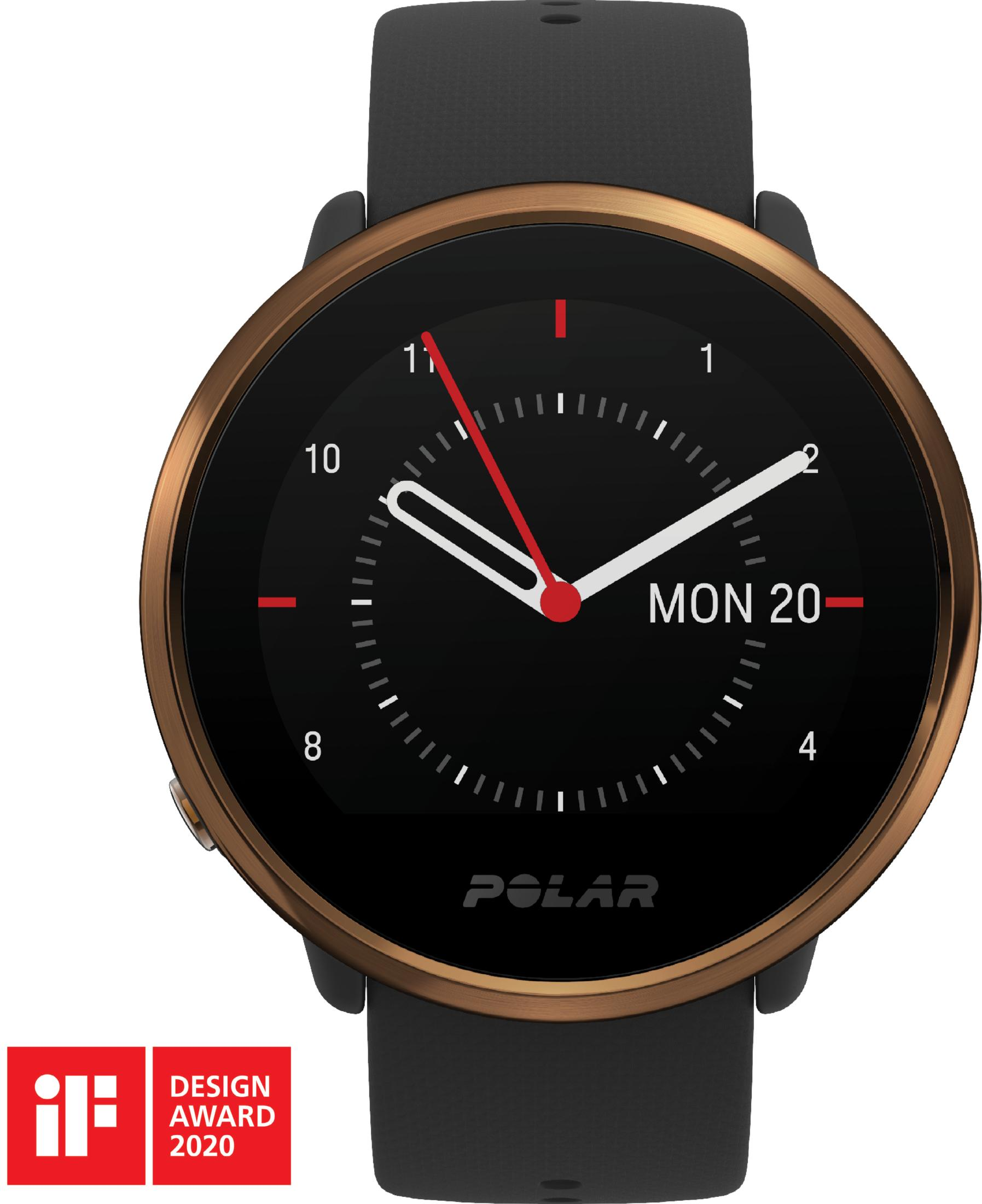 Uno smartwatch nero con ghiera color rame che mostra LUN 20.