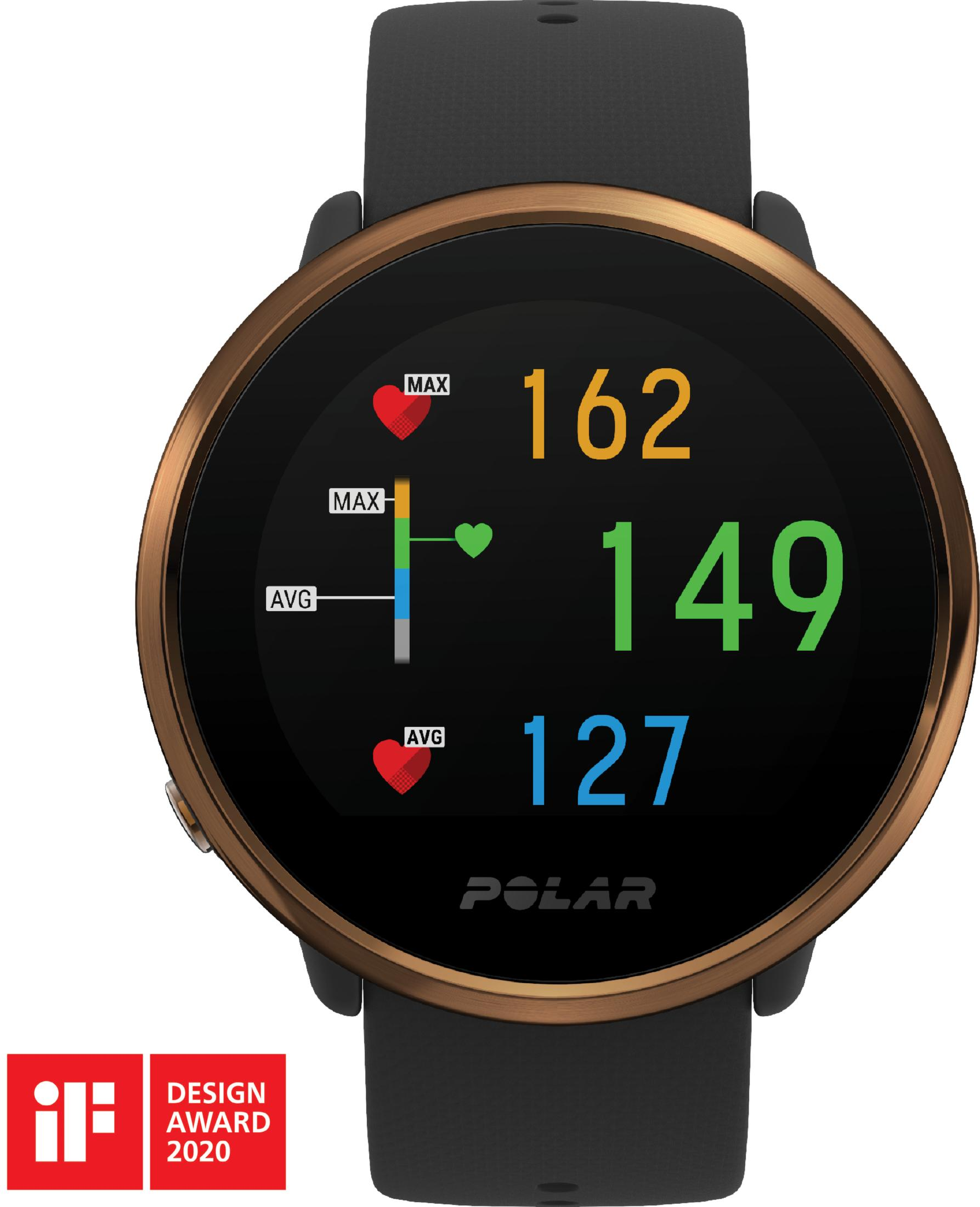 Uno smartwatch Polar che mostra la frequenza cardiaca: Max 162, Media 149, 127.