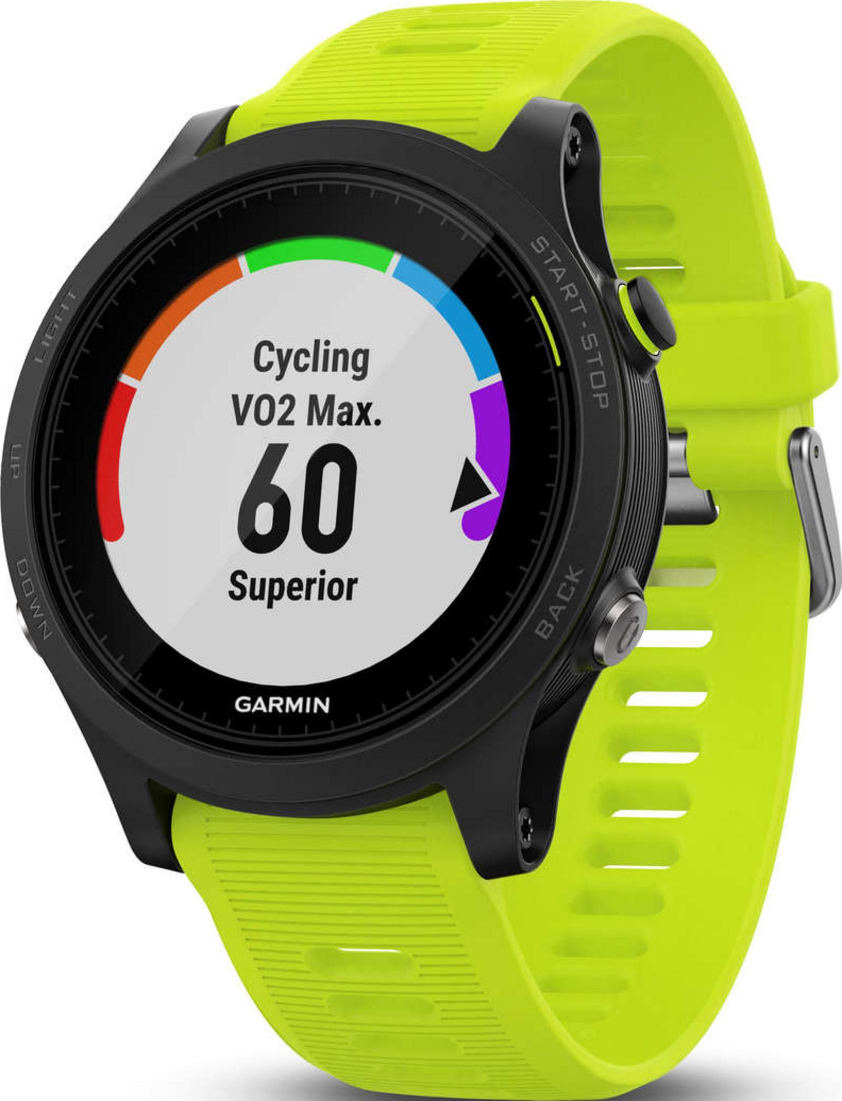 Eine neongelbe Garmin-Sportuhr mit schwarzem Gehäuse und VO2 Max-Anzeige.