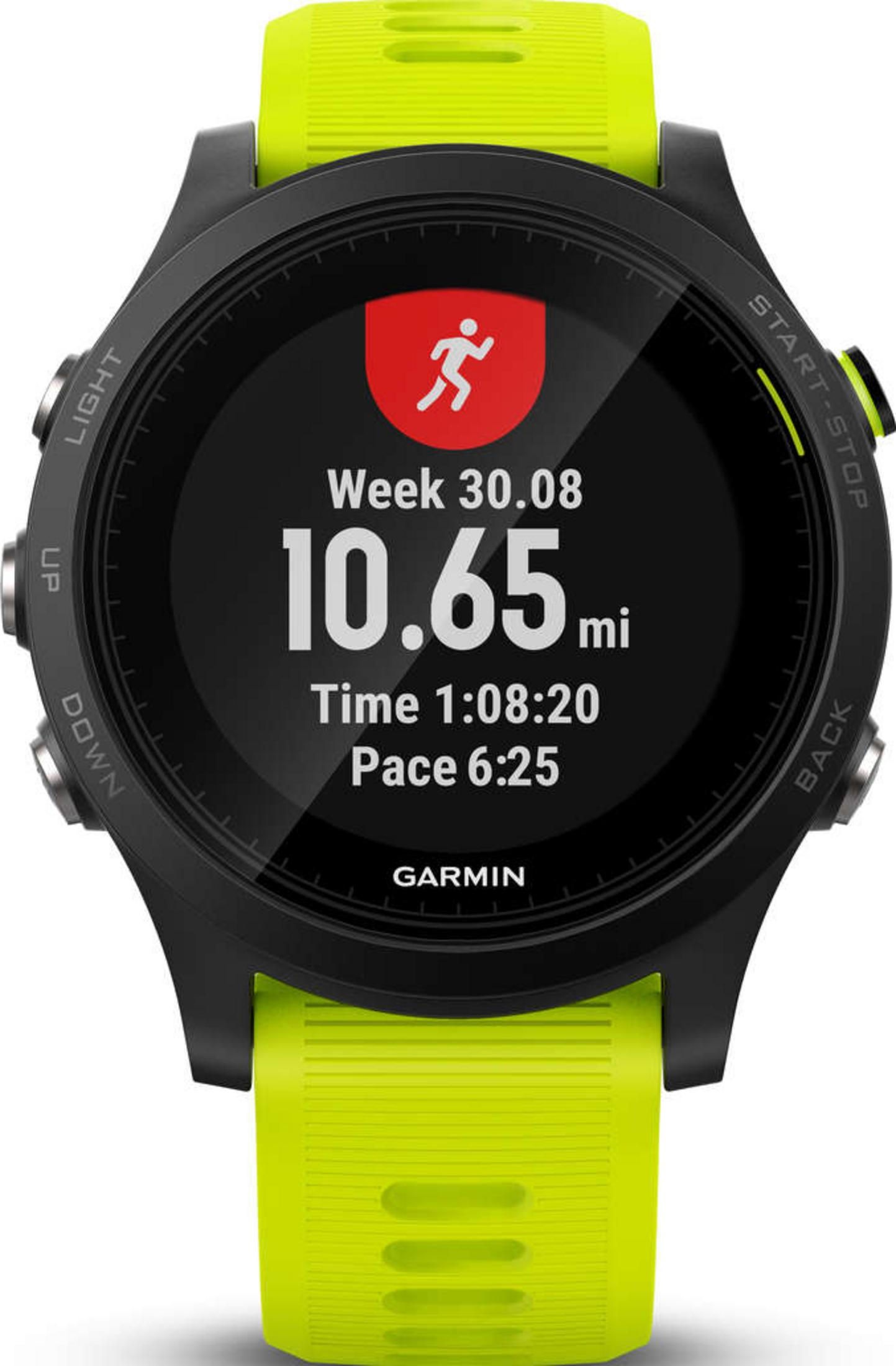 Garmin Smartwatch mit gelbem Armband zeigt 10,65 Meilen, Zeit 1:08:20, Tempo 6:25.