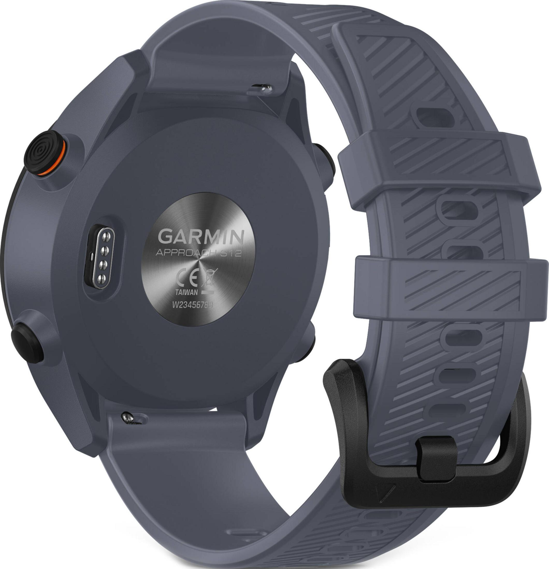 Tylny widok ciemnoszarego smartwatcha Garmin Approach S12 z czarną klamrą i paskiem silikonowym.
