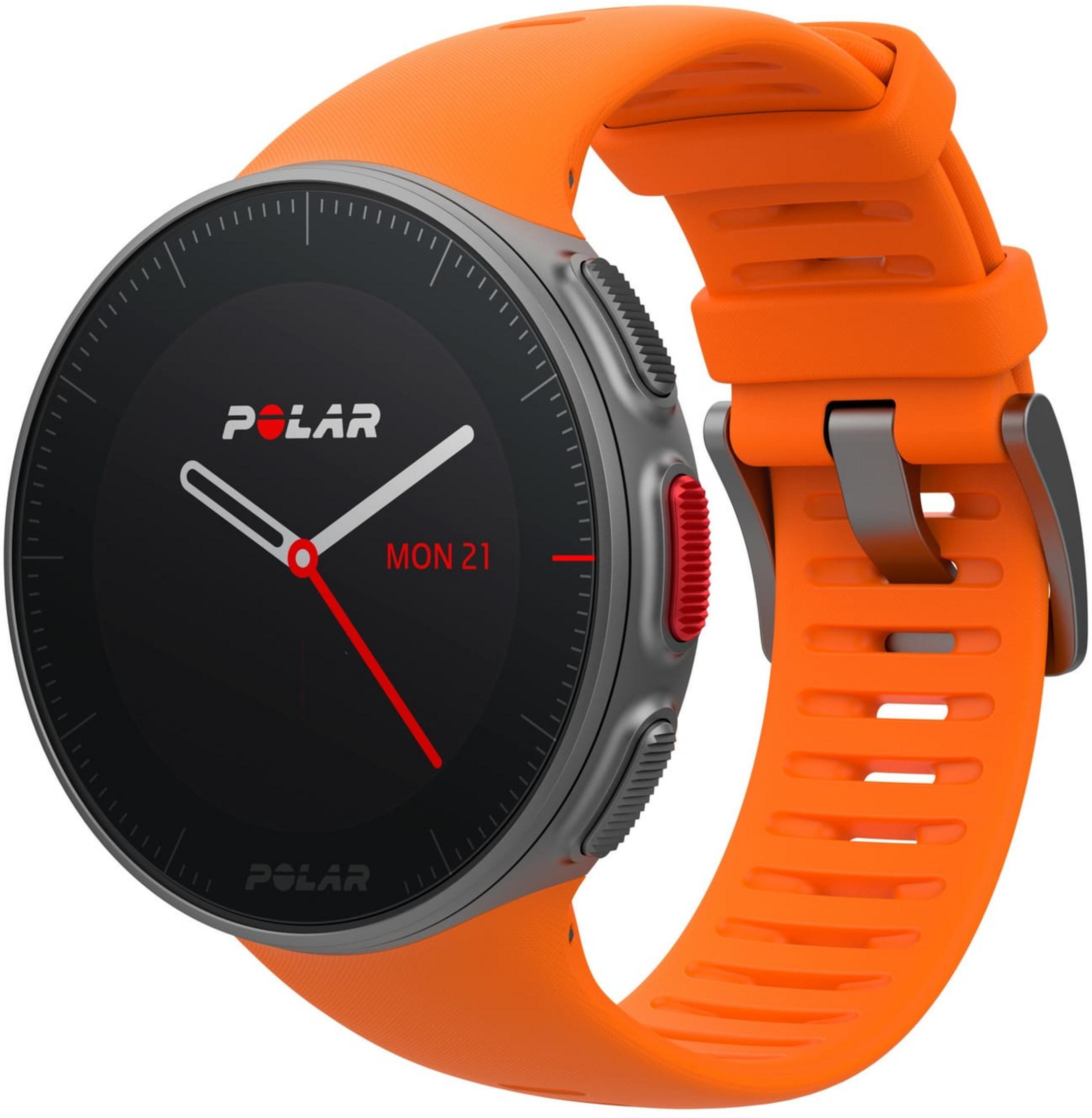 Uno smartwatch arancione con quadrante nero e cassa argentata. Visualizzato lunedì.