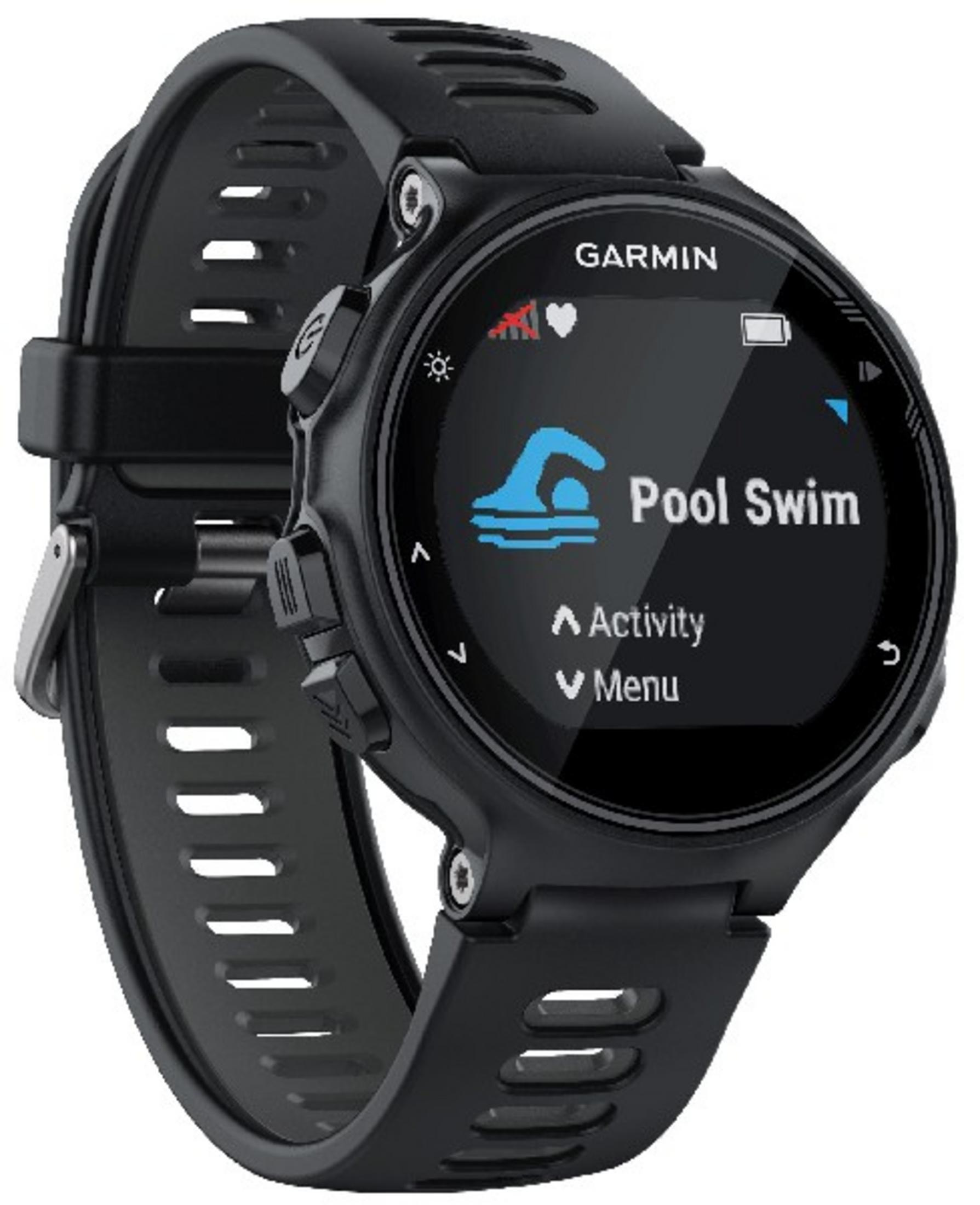 Schwarze Garmin-Smartwatch mit Schwimmsymbol auf dem Display.