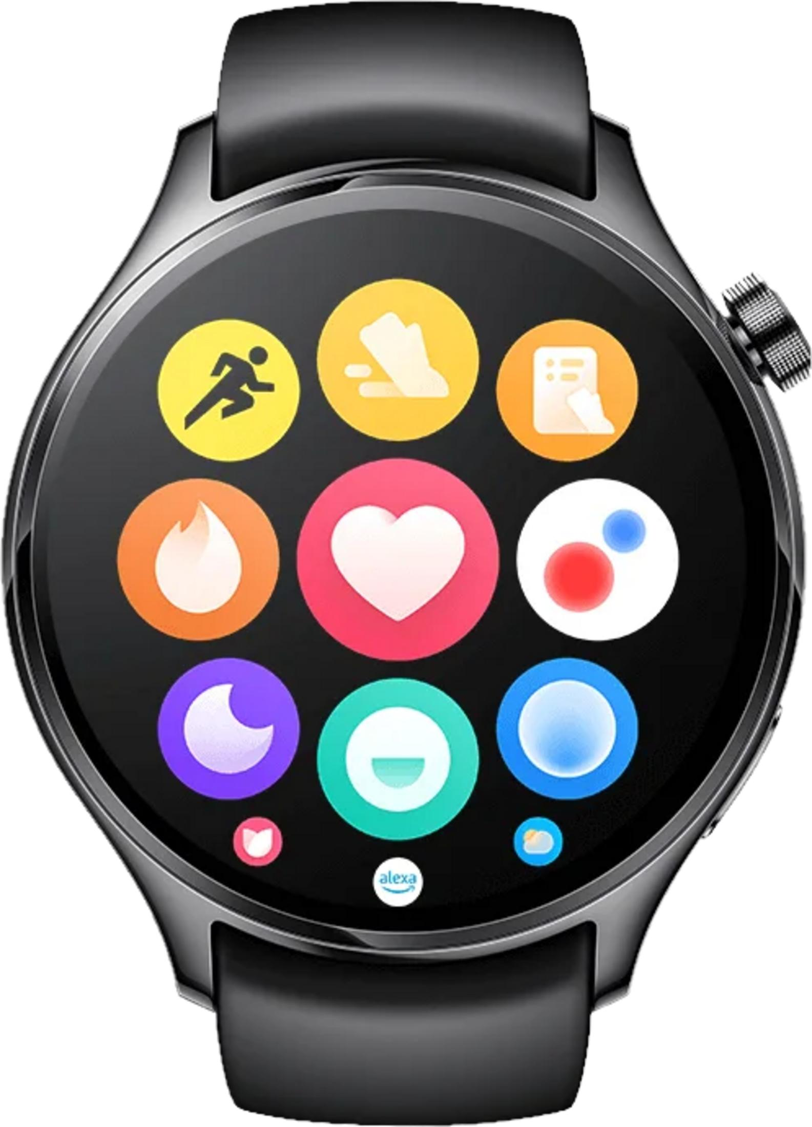Smartwatch wyświetla siatkę kolorowych ikon aplikacji: biegacz, serce i płomień.