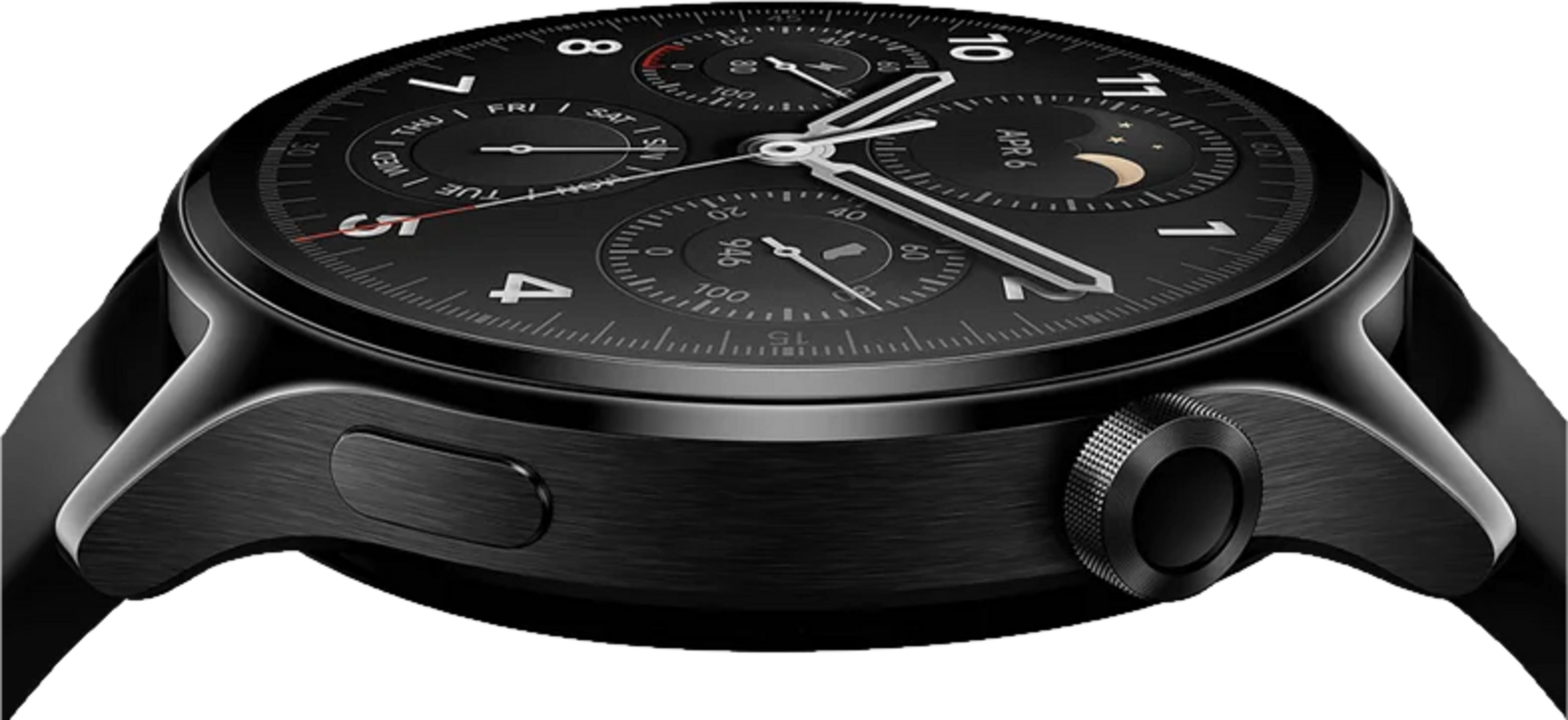 Czarny smartwatch ze srebrnymi wskazówkami i tarczą pokazującą datę i fazę księżyca.