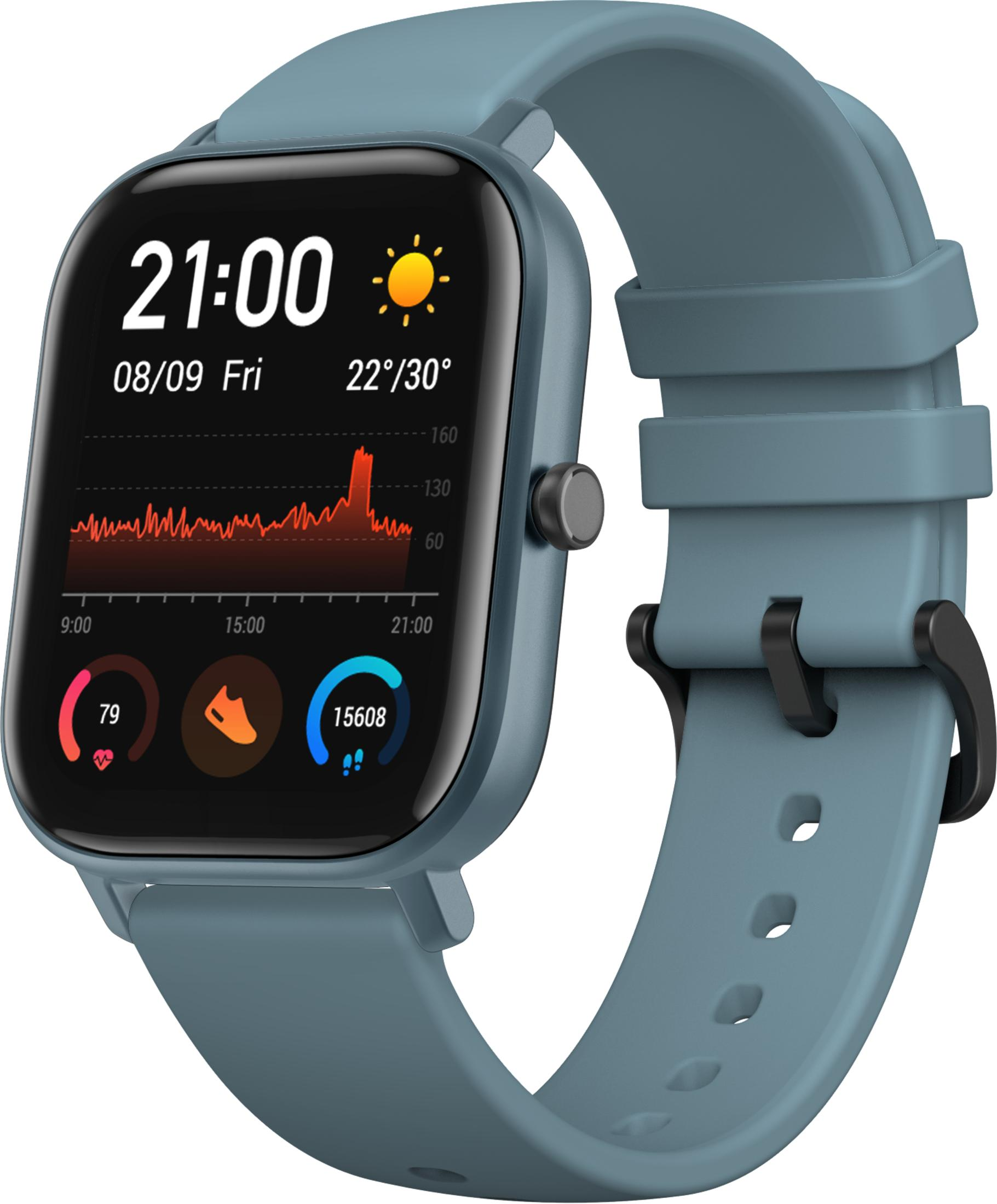 Smartwatch blu: 21:00, 08/09 ven, 22°/30°, FC 79, passi 15608.