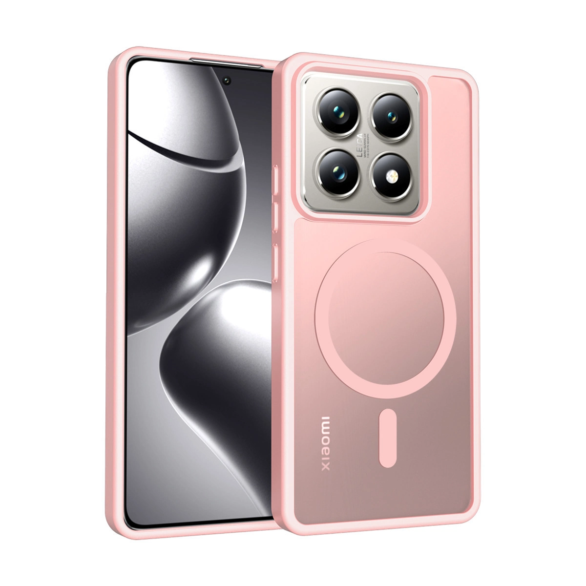 Beyaz arka plan üzerinde MagSafe halkası ve kamera kesimi olan pembe telefon kılıfı.