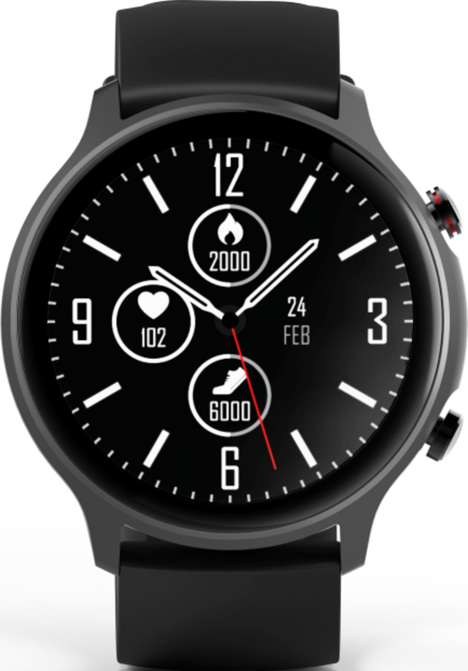 Czarny smartwatch z czarną tarczą wyświetlającą 2000 kalorii, 102 tętno i 6000 kroków.