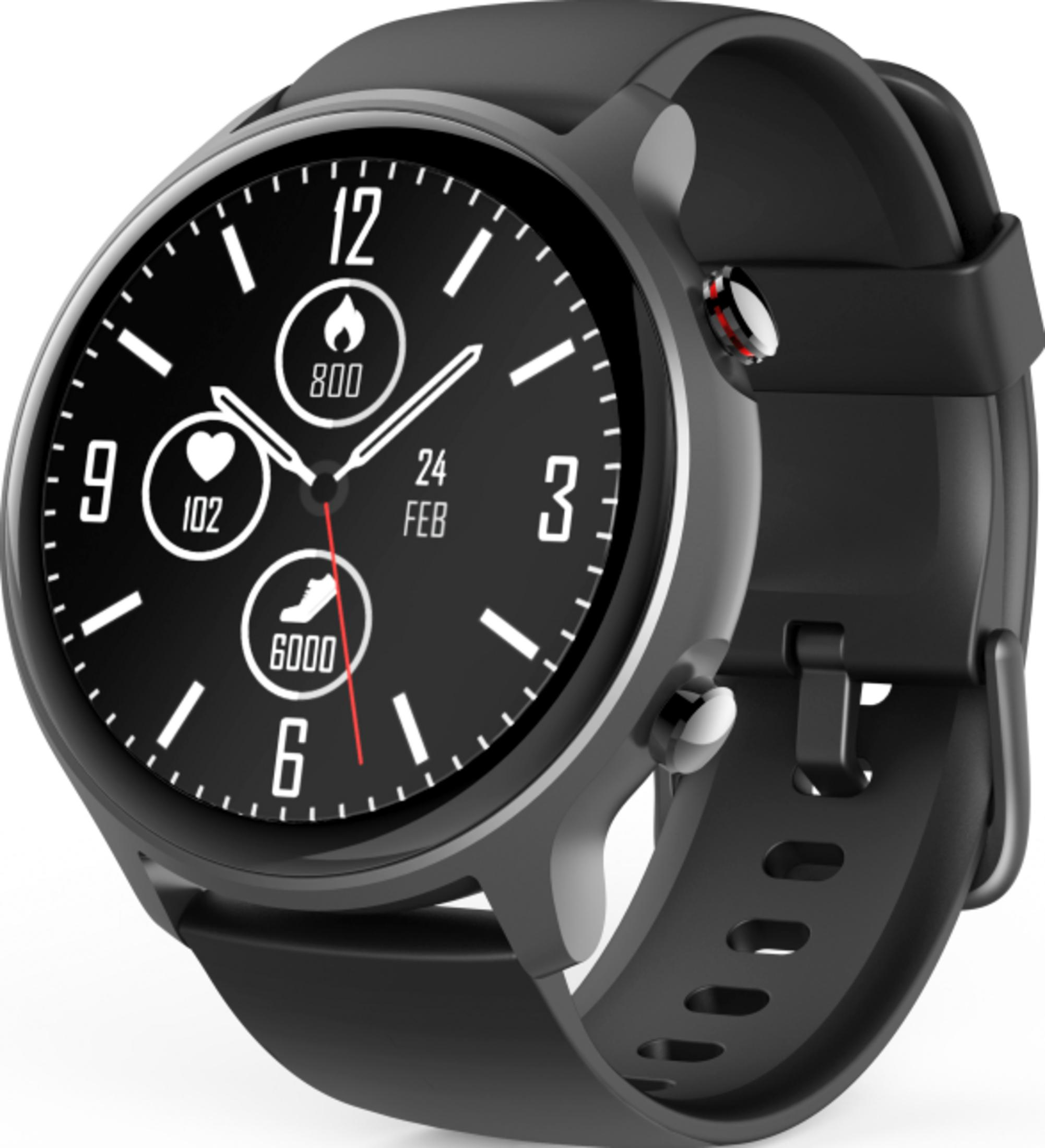 Czarny smartwatch z czarnym paskiem i czarną tarczą cyfrową.