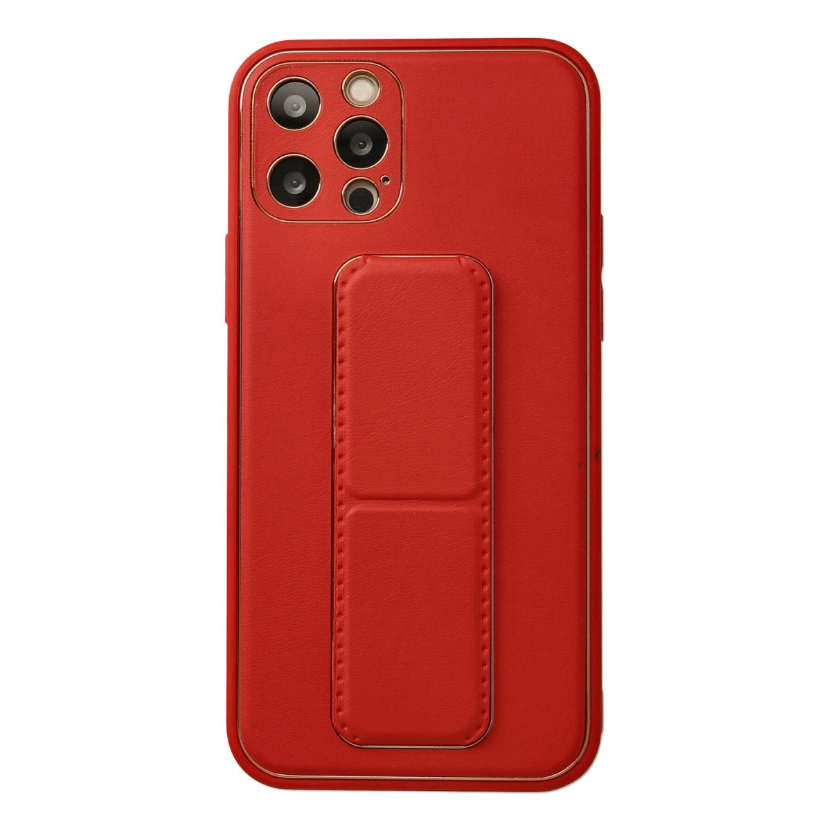 Kamera kesimli ve entegre tutmaçlı/standlı kırmızı telefon kılıfı.