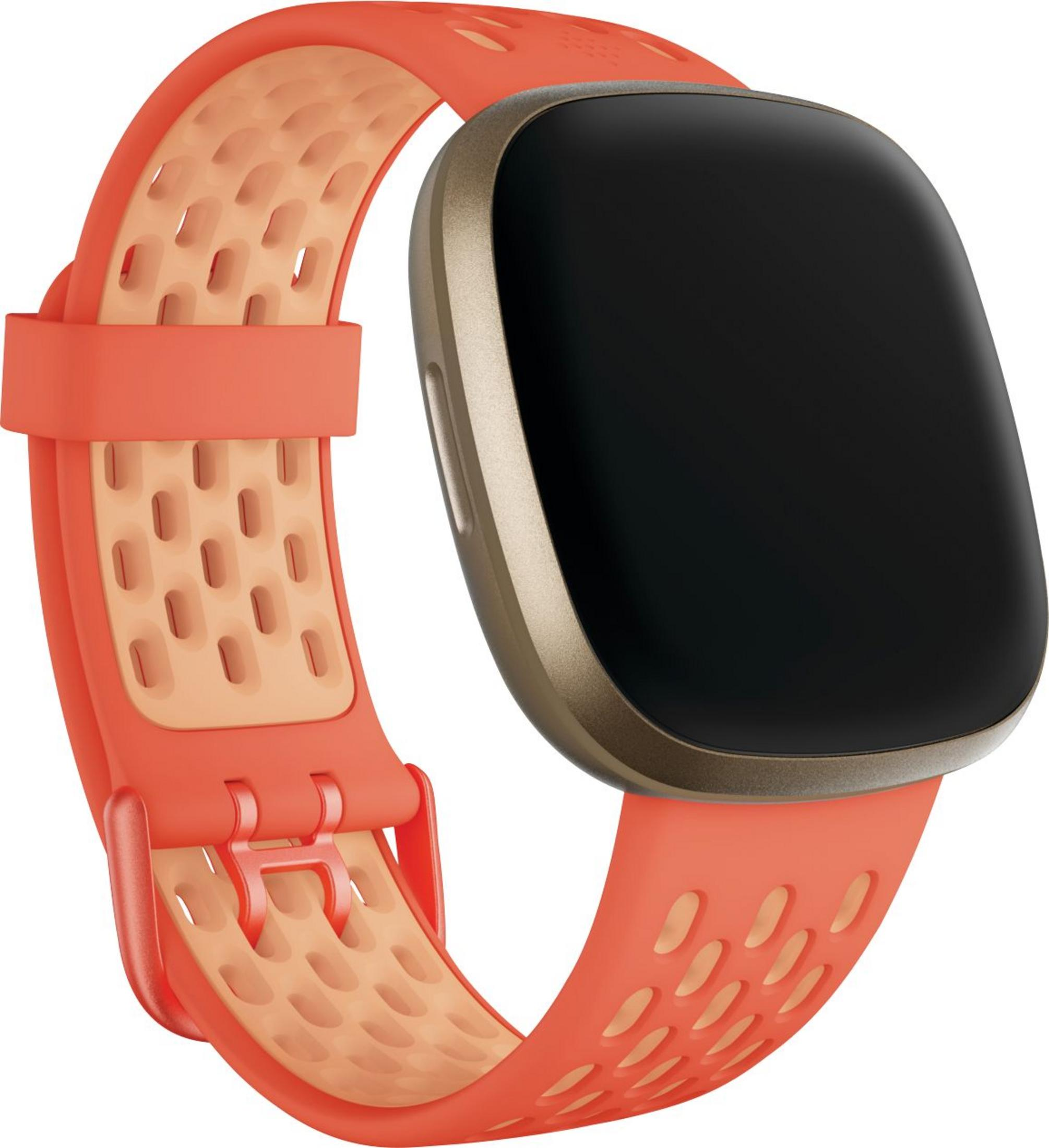 Orange Smartwatch mit silbernem Rahmen und schwarzem Bildschirm, perforiertes Armband.
