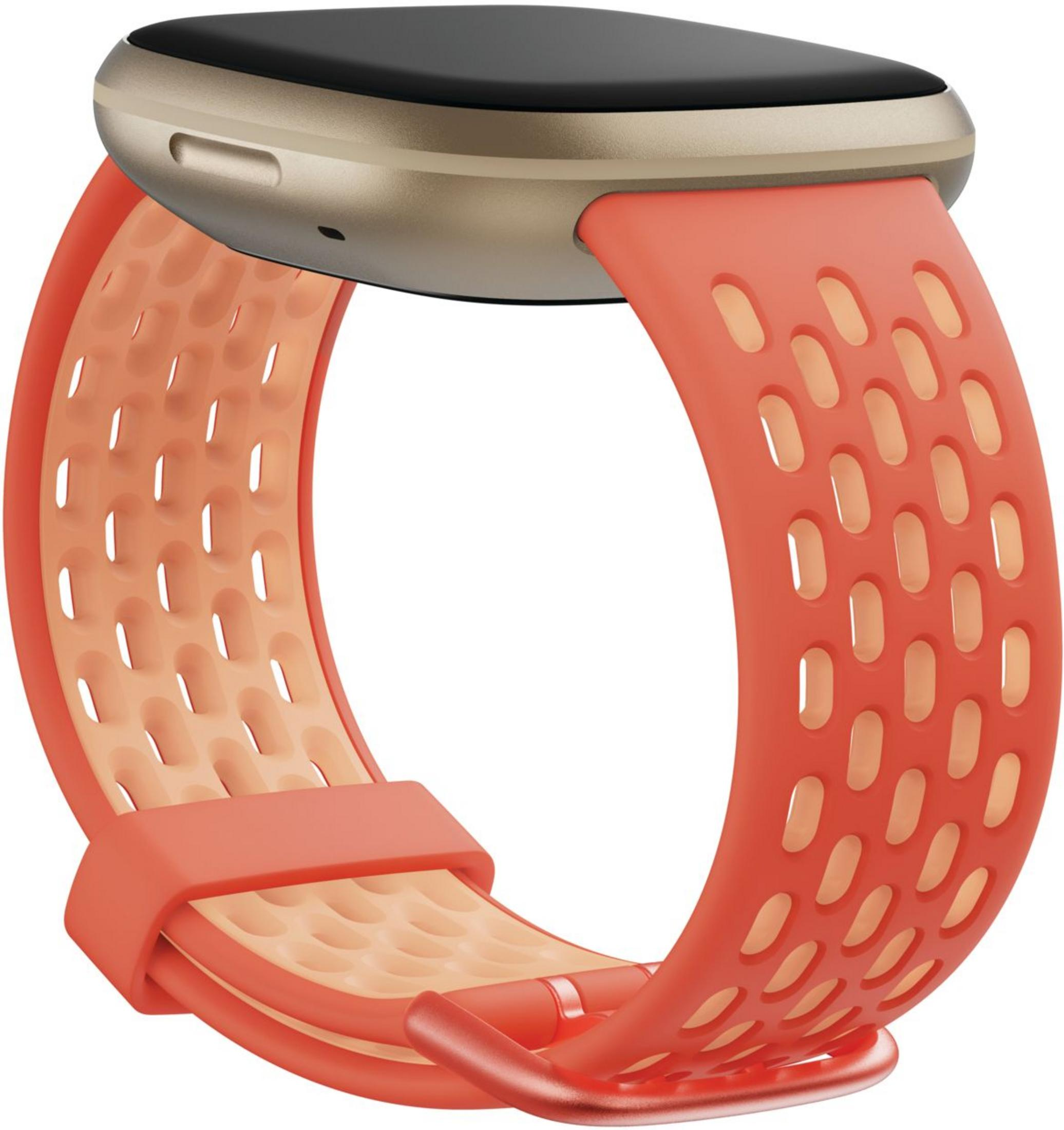 Ein goldfarbenes Smartwatch-Gehäuse mit einem orangefarbenen Armband mit ovalen Aussparungen.