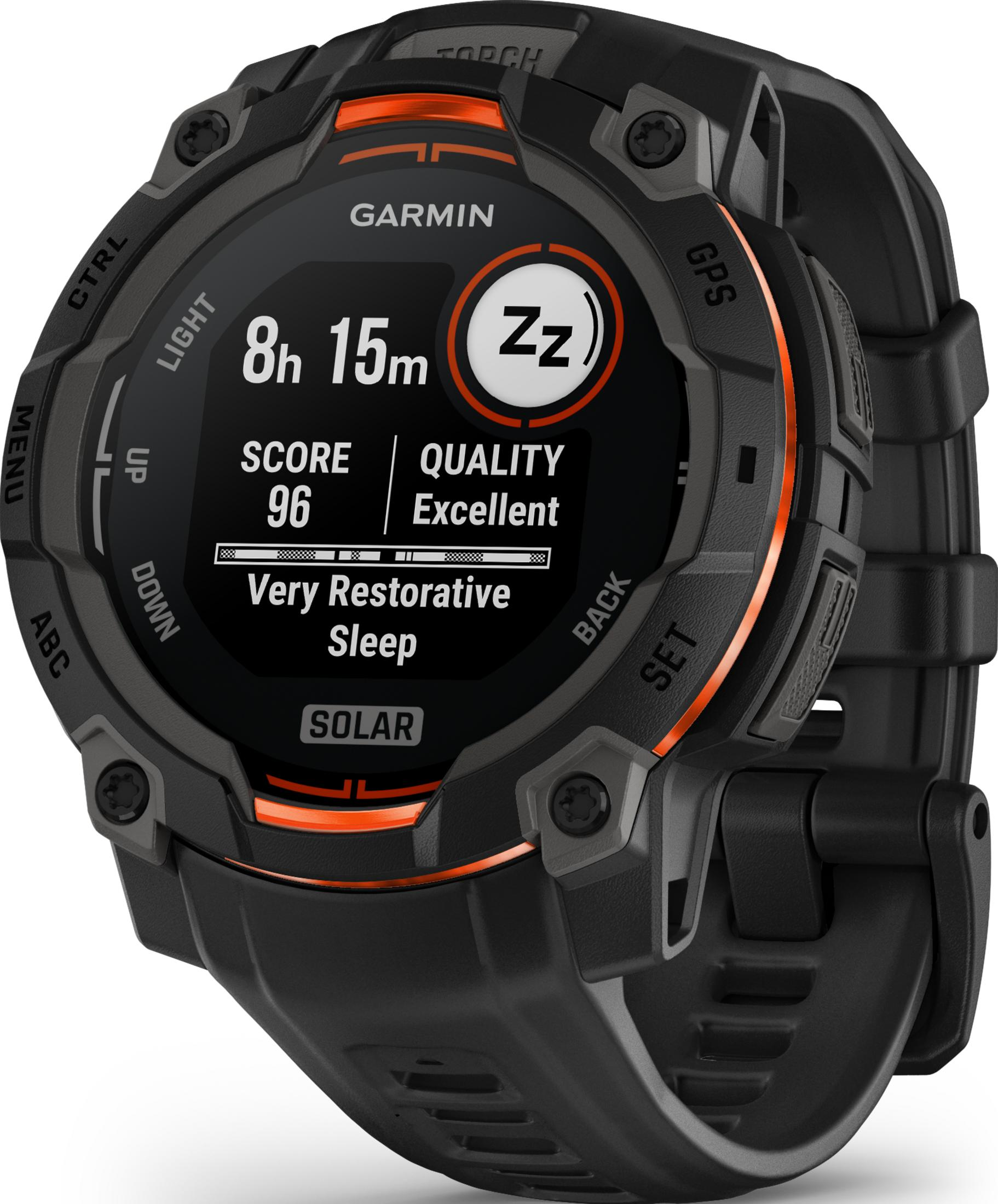 Czarny smartwatch Garmin z pomarańczowymi akcentami wyświetla dane o śnie.
