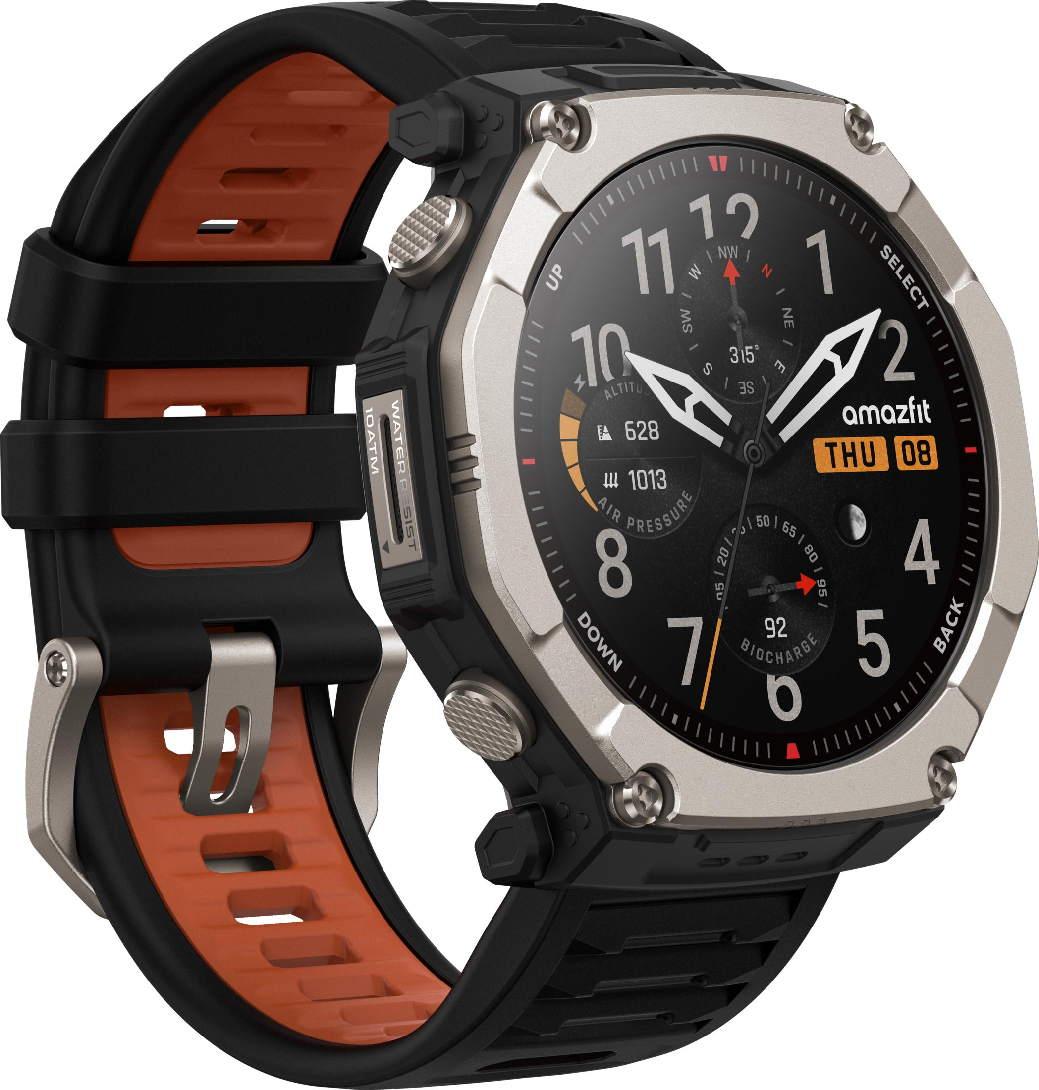 Eine Smartwatch mit schwarzem und orangefarbenem Armband. Das Zifferblatt zeigt Zeit, Datum und Wetterdaten.