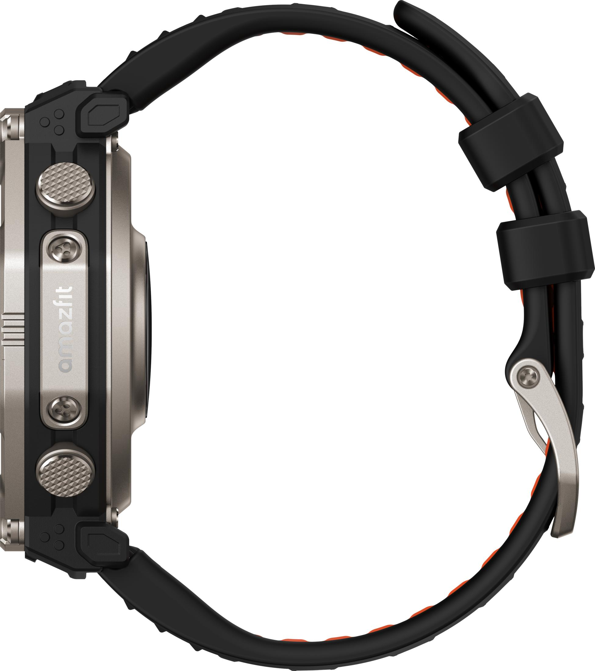 Graue Smartwatch mit schwarzem Armband und orangenem Akzent auf weißem Hintergrund.