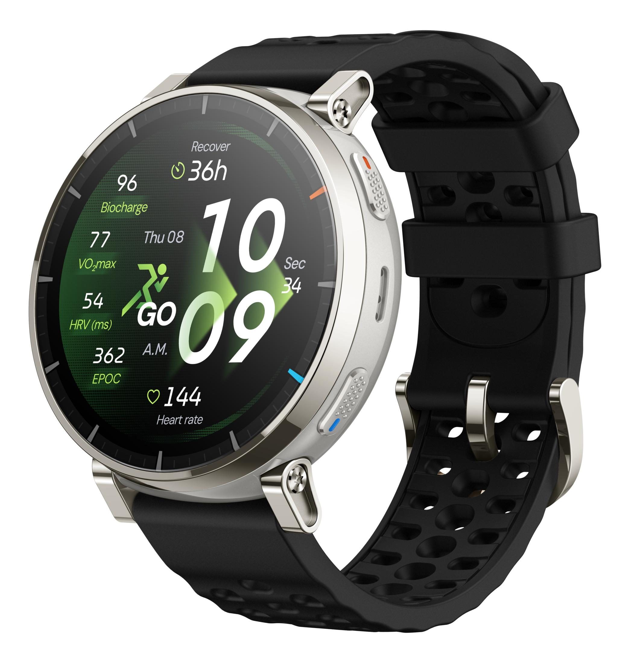 Eine silberne Smartwatch mit schwarzem Armband zeigt Gesundheitsdaten an.