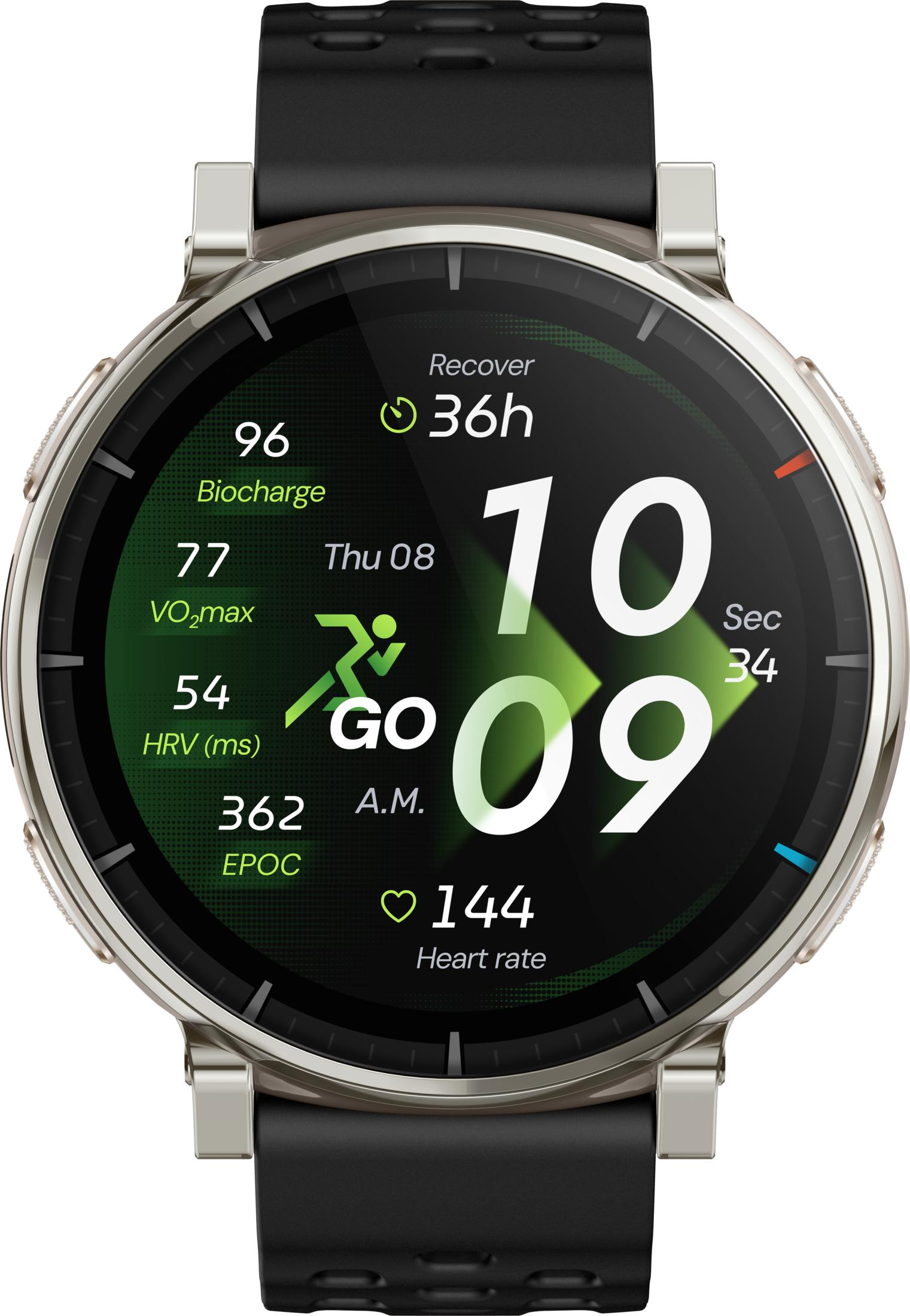 Smartwatch zeigt Uhrzeit 10:09, Puls 144, VO2 max 77 und Erholung 36h.