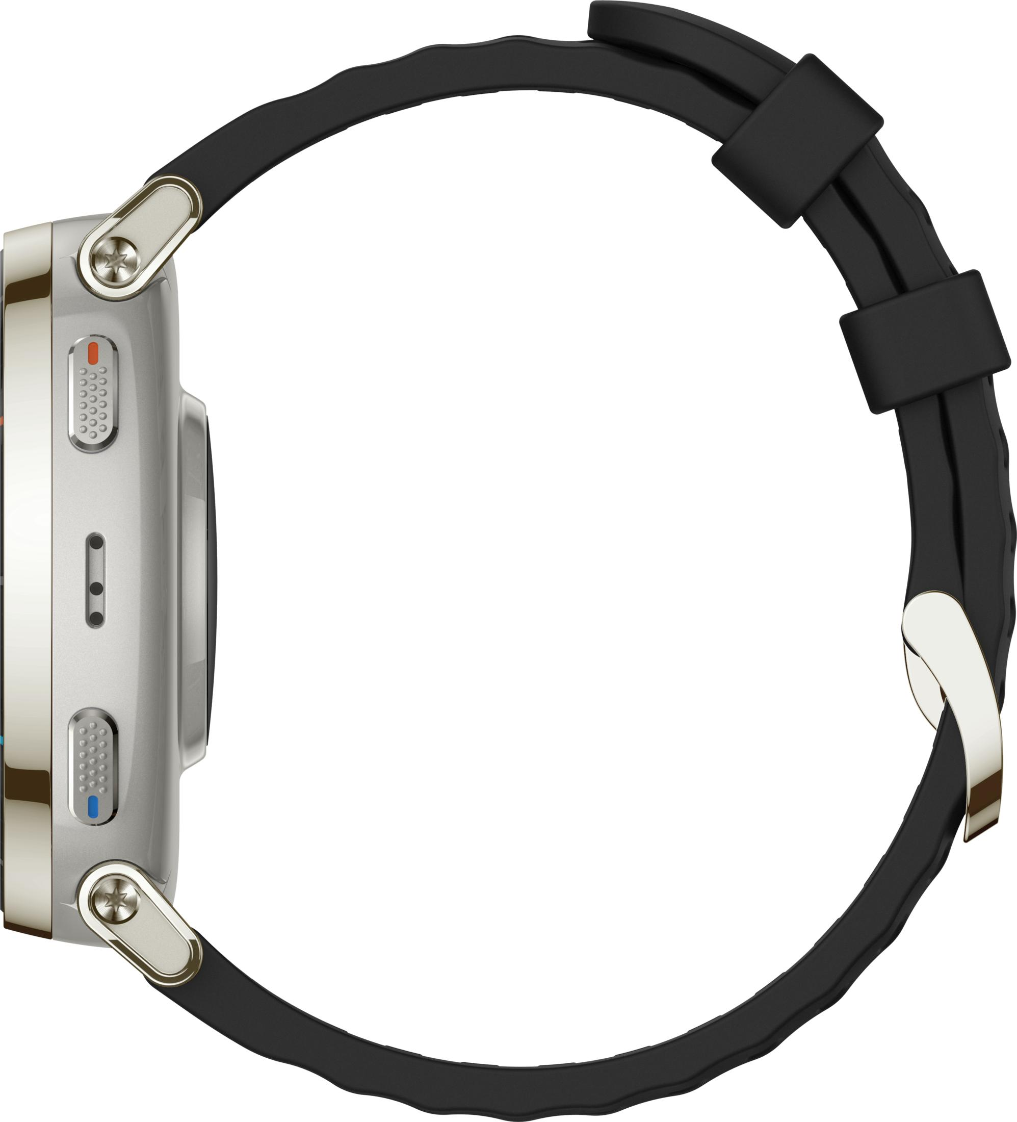 Silberne Smartwatch mit schwarzem Band und metallischen Akzenten, von der Seite gezeigt.