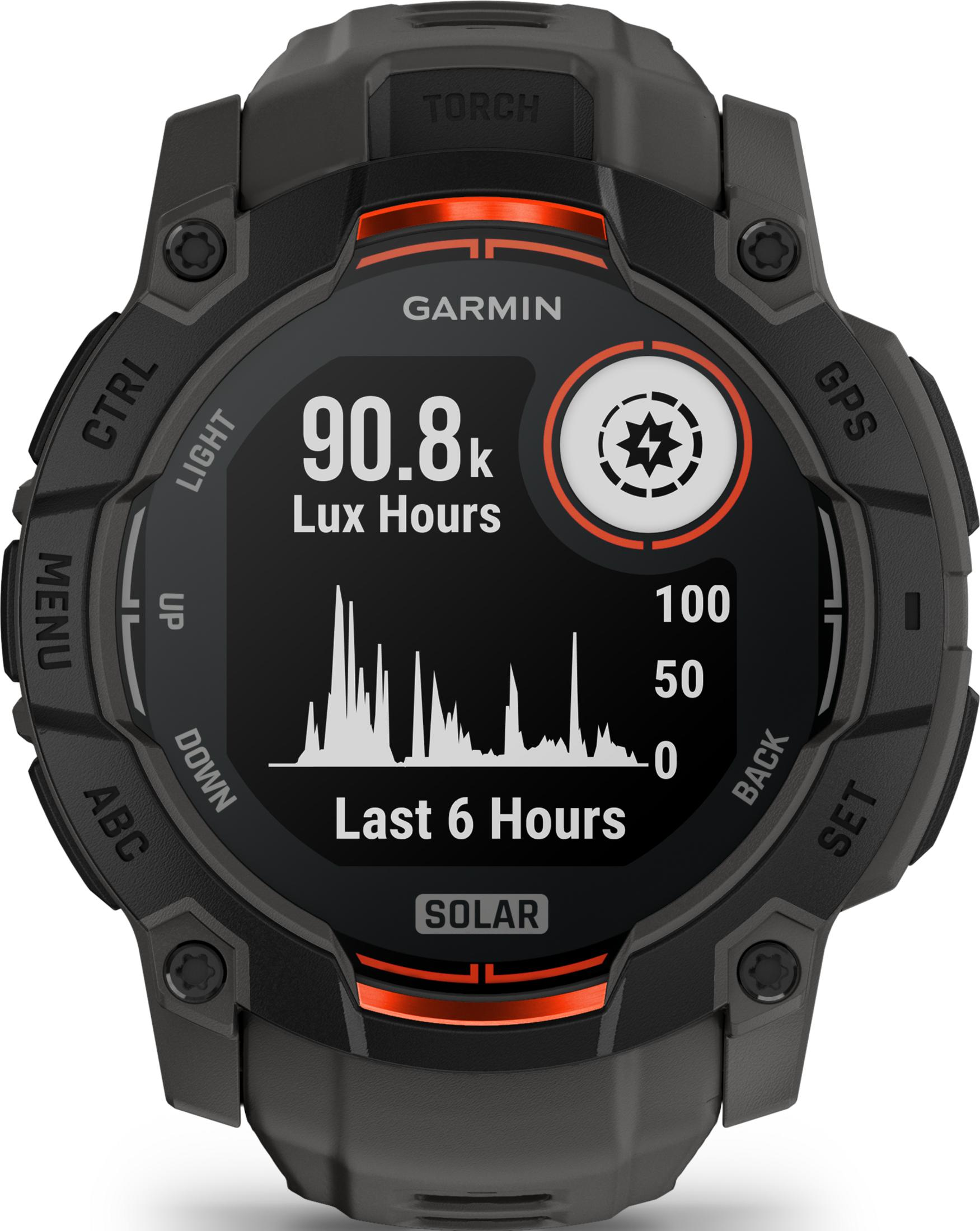 Czarny smartwatch Garmin z wyświetlaczem ładowania słonecznego i wykresem.
