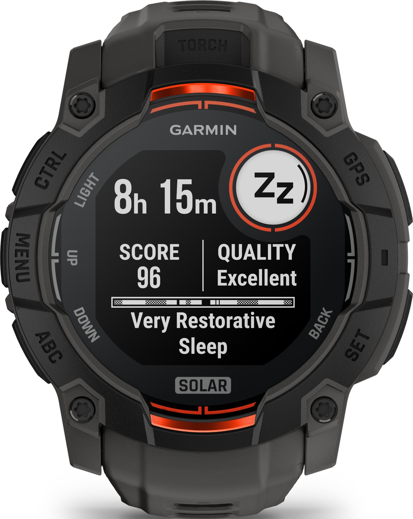 Zegarek Garmin pokazuje 8h 15m snu, wynik 96, doskonała jakość, bardzo regenerujący.