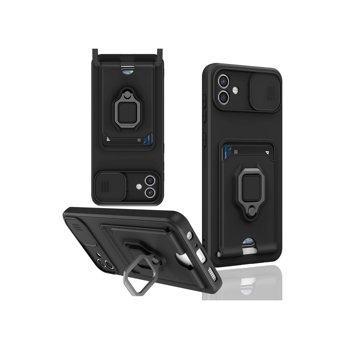 Halka tutuculu, kart yuvalı ve kamera kaydırıcılı siyah telefon kılıfı.