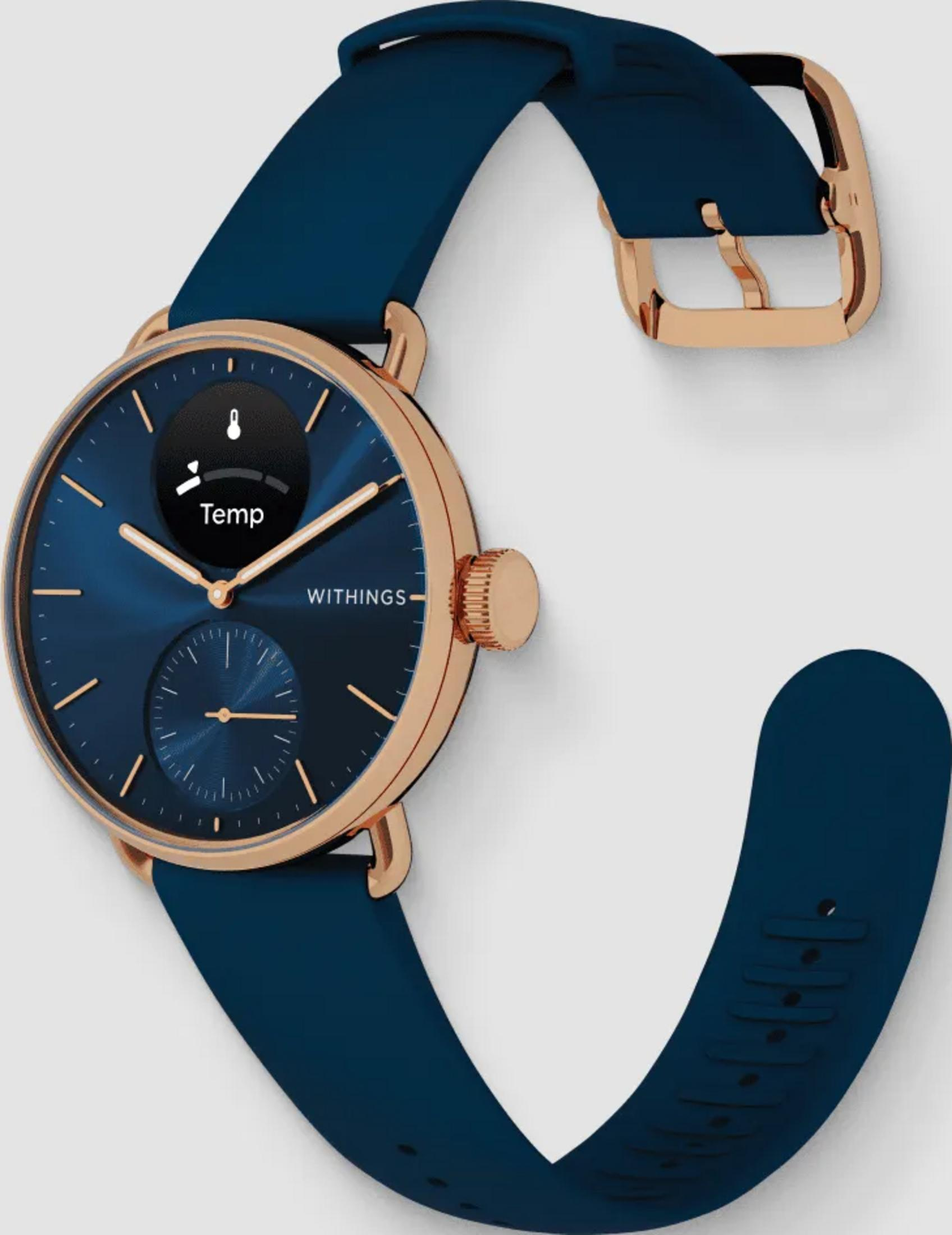 Eine blaue und roségoldene Analog-Uhr mit Digitalanzeige für Temperatur.