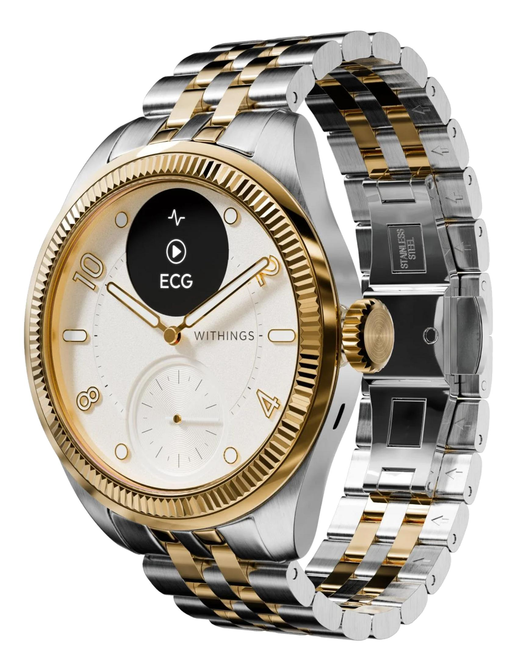 Srebrny i złoty smartwatch z białym cyferblatem i wyświetlaczem EKG.
