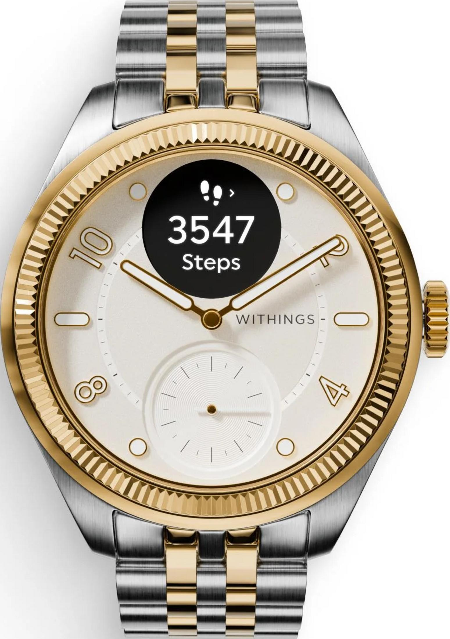 Srebrny i złoty smartwatch z tarczą pokazującą 3547 kroków.