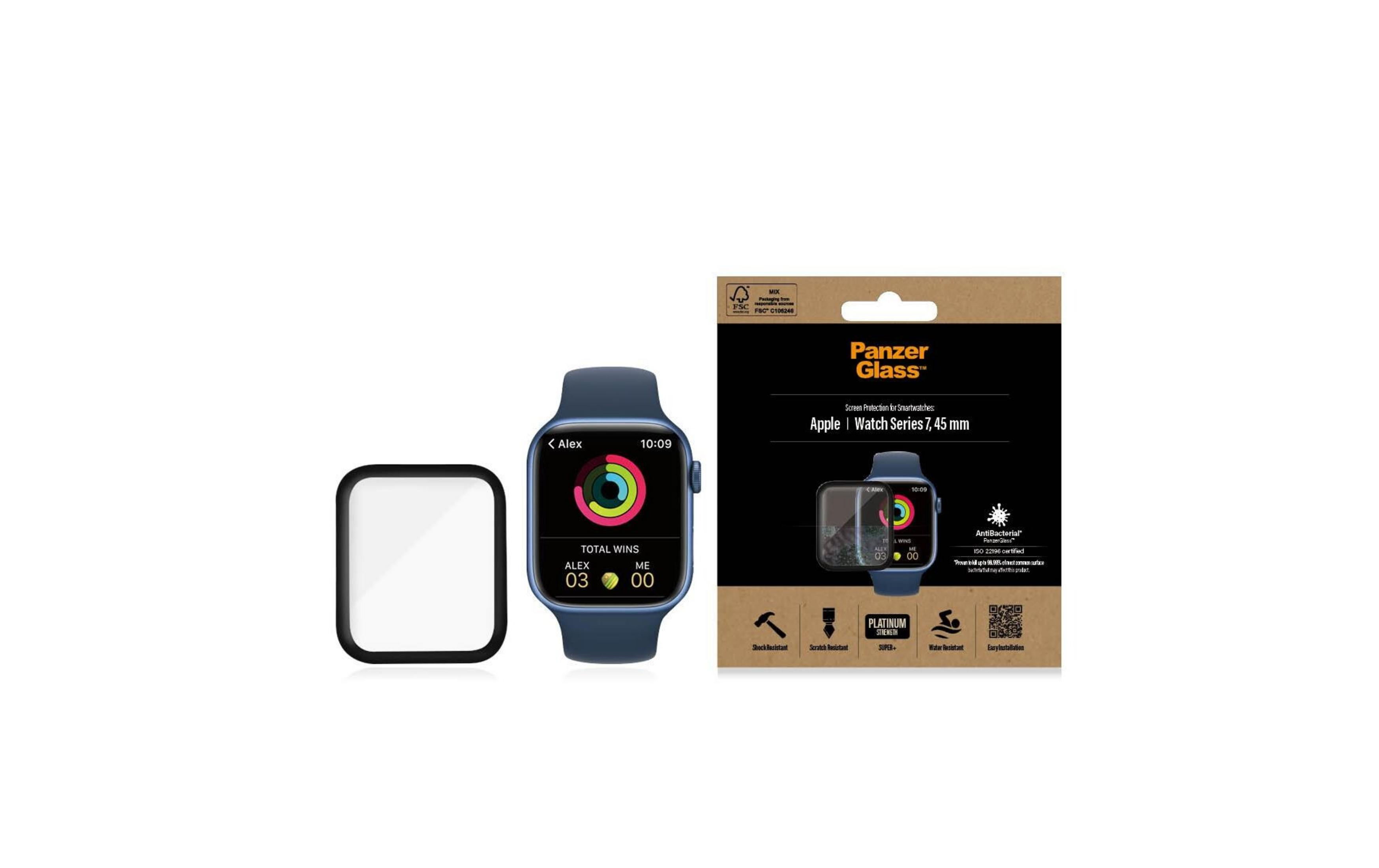 Un protector de pantalla Panzer Glass para un Apple Watch Series 7, 45 mm.