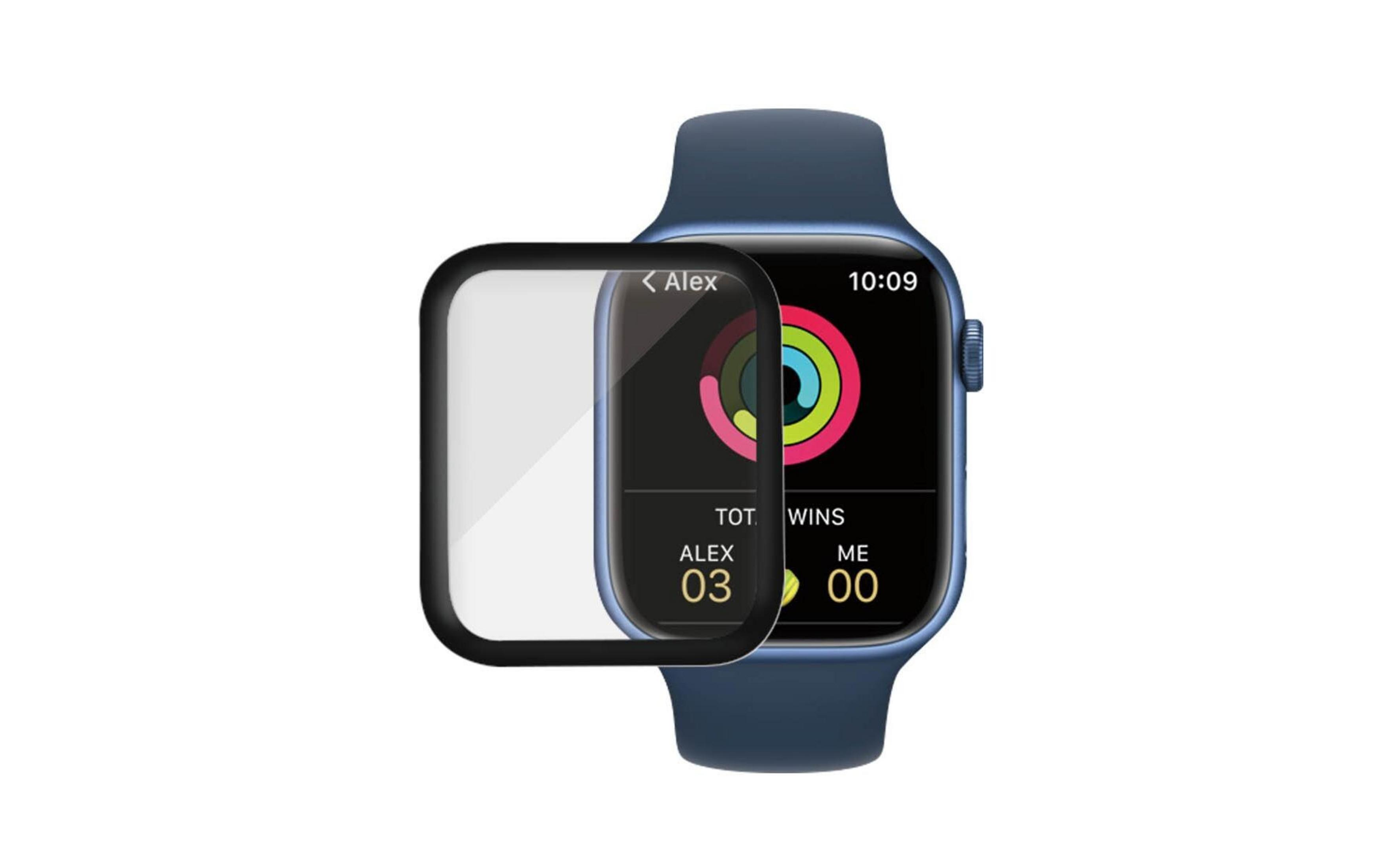 Un reloj inteligente azul con protector de pantalla delante de la cara.
