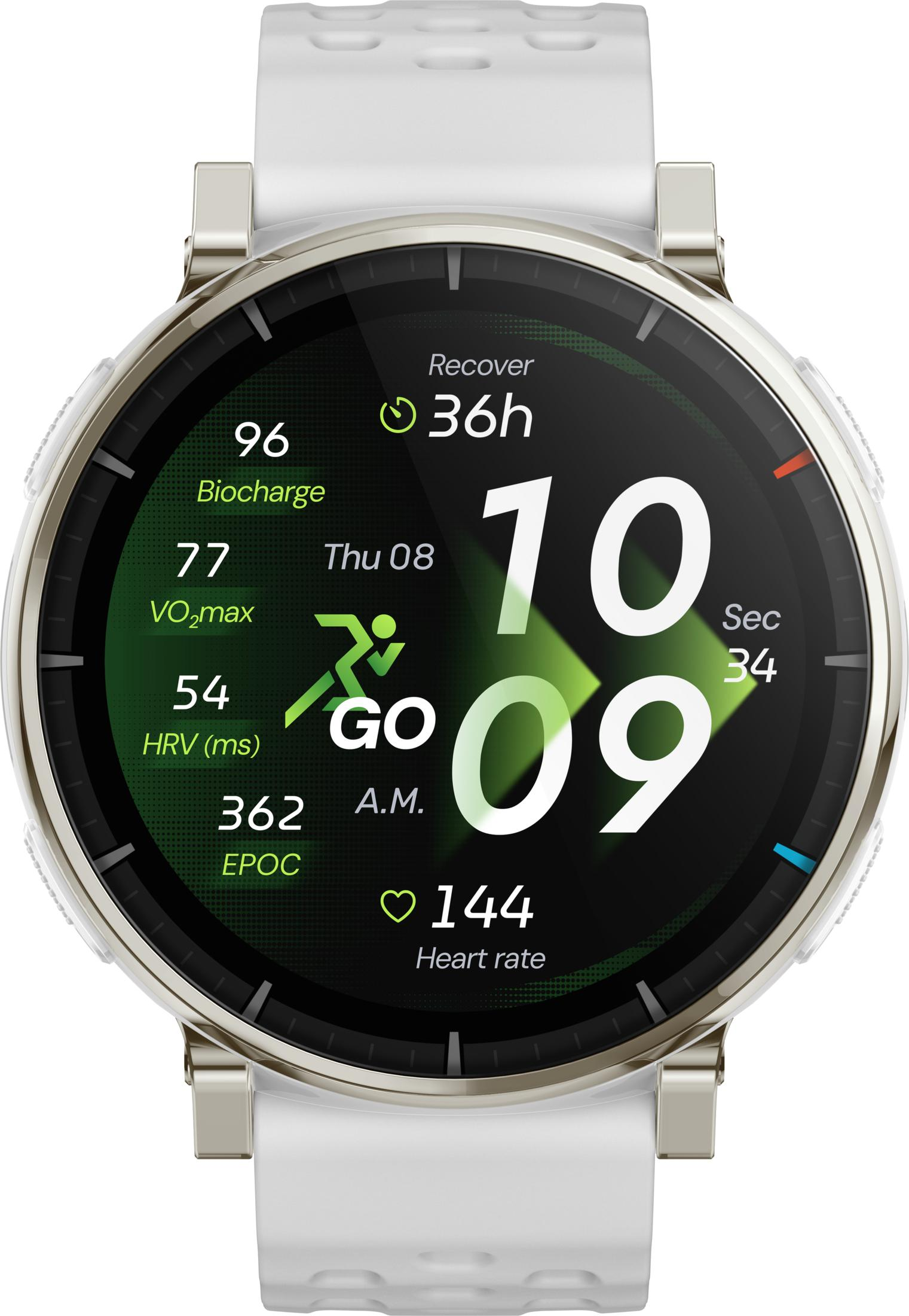 Un reloj inteligente blanco con caja plateada muestra datos de fitness.