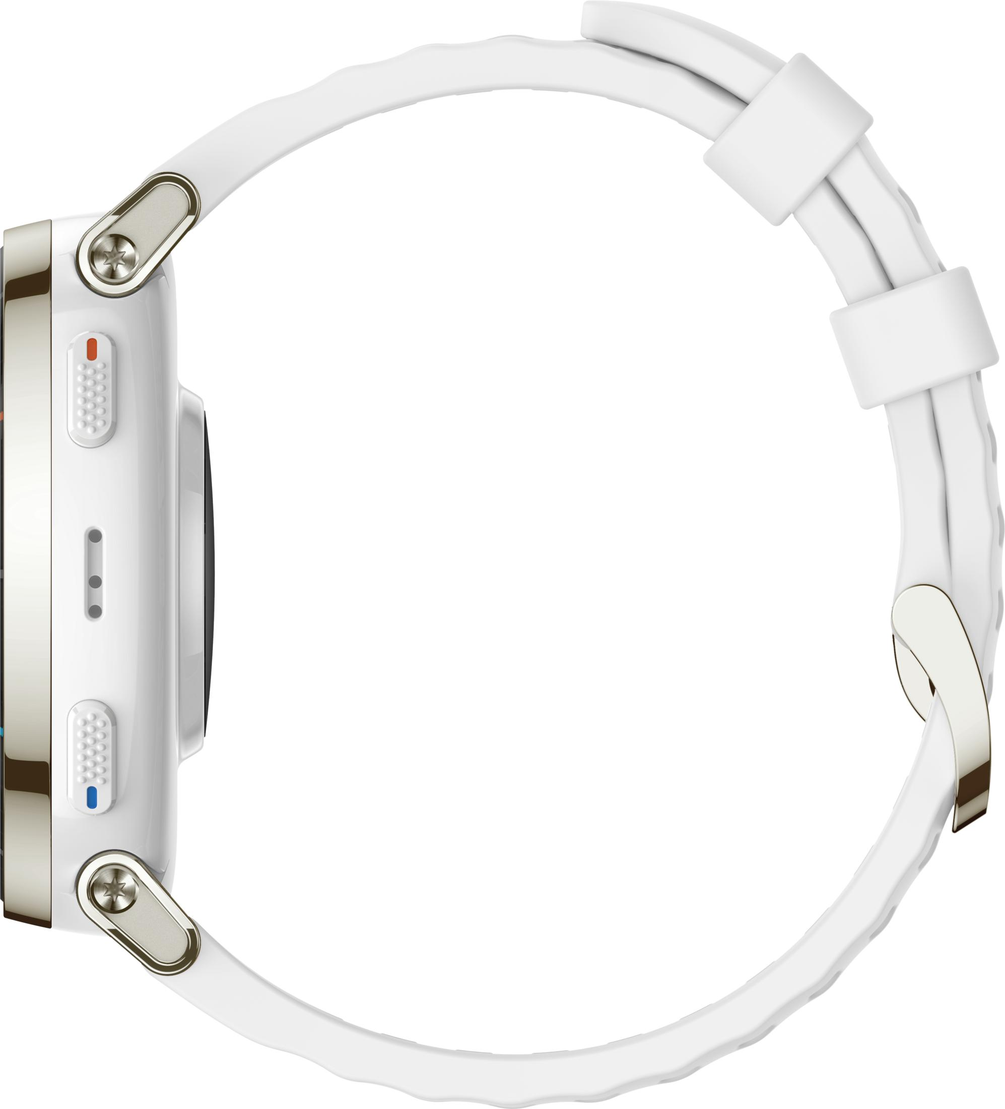 Reloj inteligente blanco con detalles plateados y correa blanca, vista lateral.