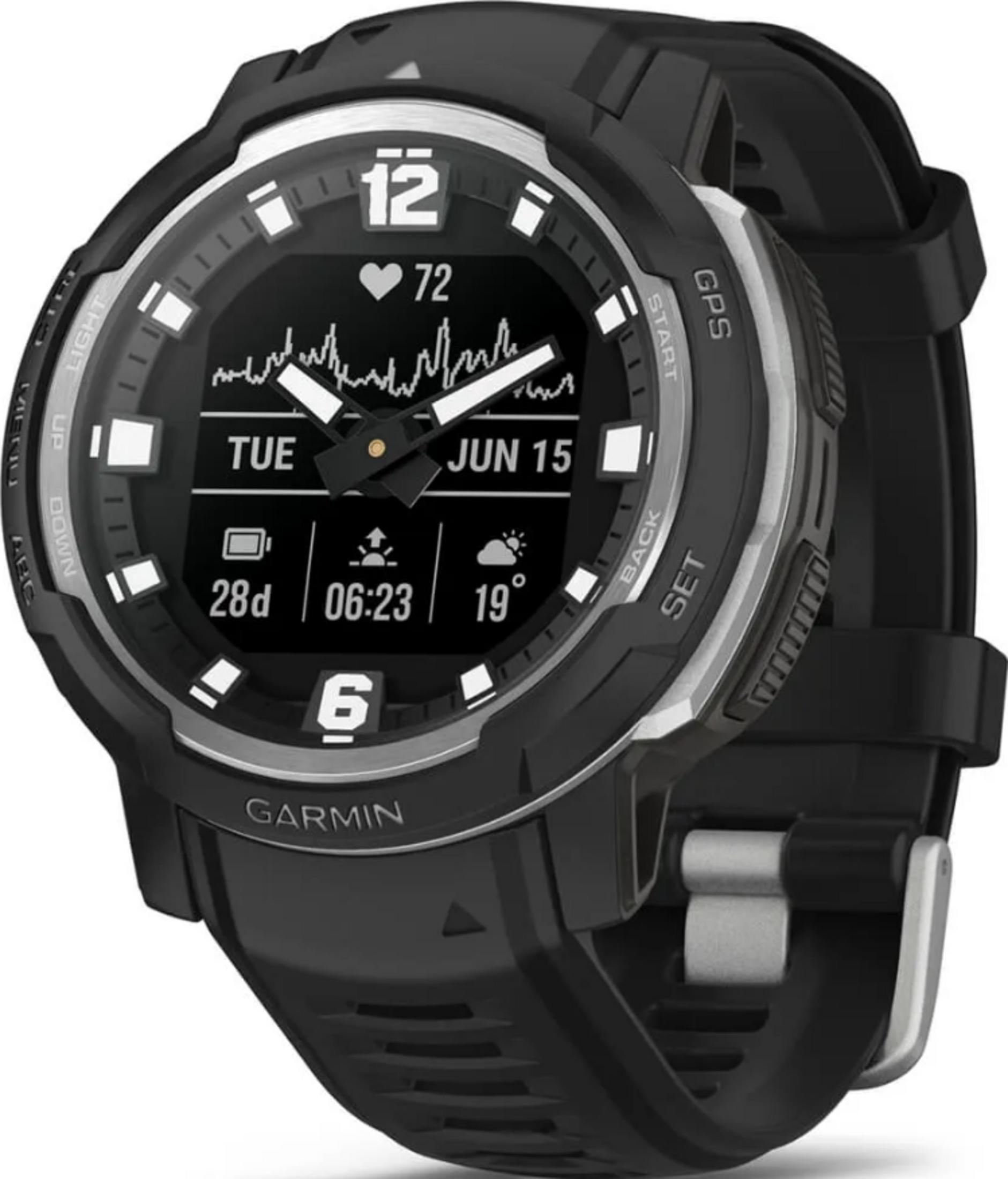 Czarny smartwatch Garmin wyświetla godzinę, tętno, datę i pogodę. Posiada przyciski z etykietami 'Light', 'Up', 'Down', 'GPS', 'Start', 'Back', 'Set'.