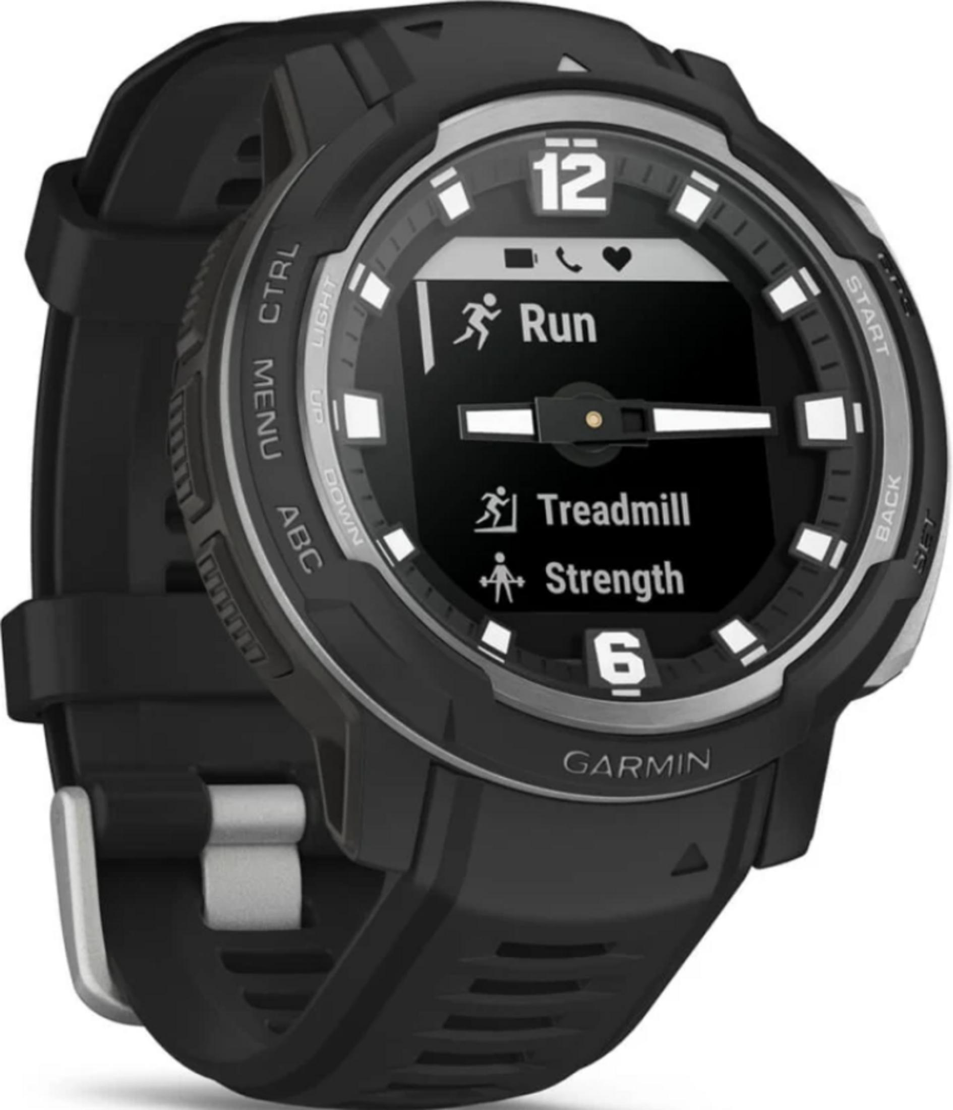 Czarny smartwatch Garmin z opcjami biegania i treningu siłowego na ekranie.