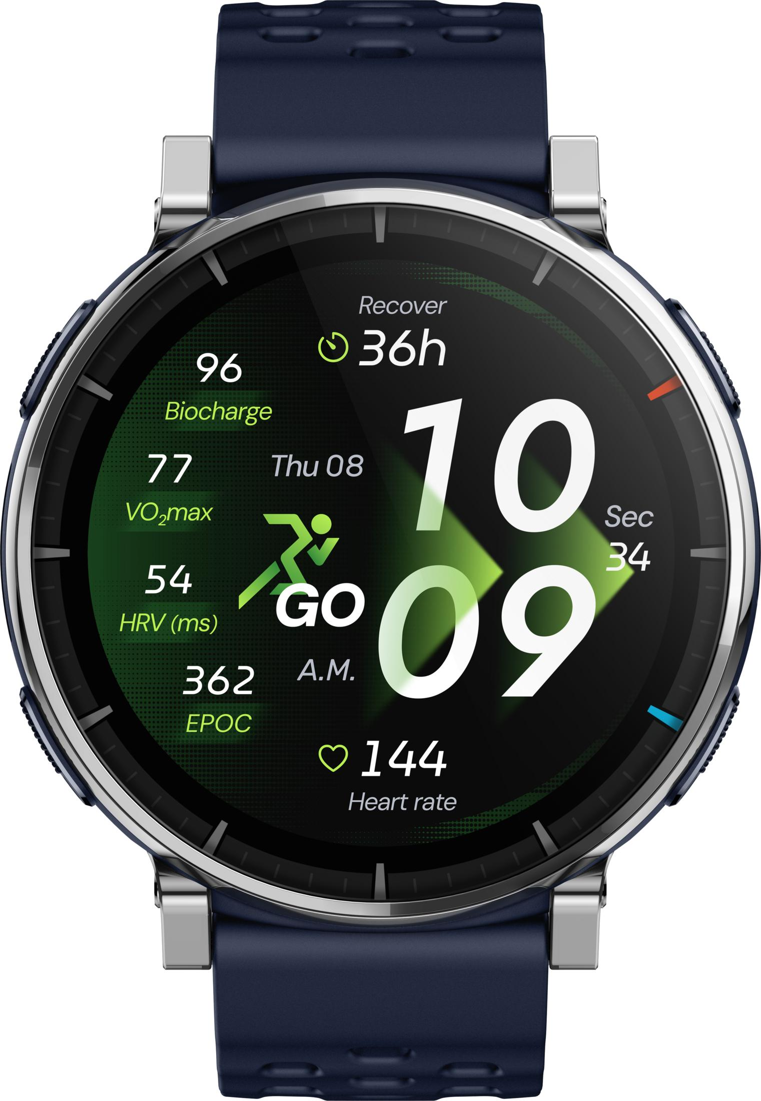 Eine Smartwatch mit dunklem Armband zeigt Trainingsdaten an, z.B. Herzfrequenz.