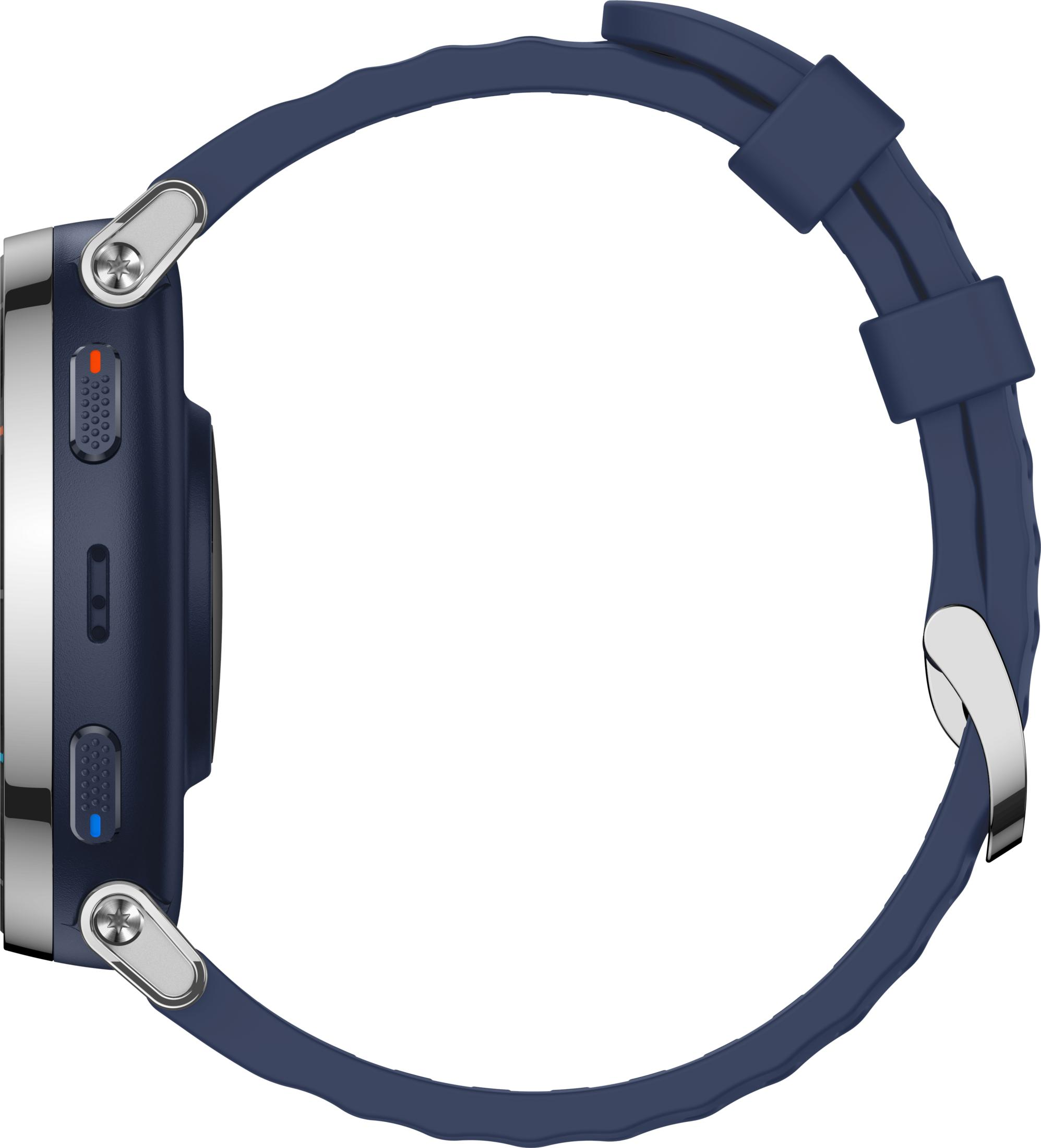 Eine blaue Smartwatch mit silbernen Knöpfen und einem dunklen Armband auf weißem Hintergrund.