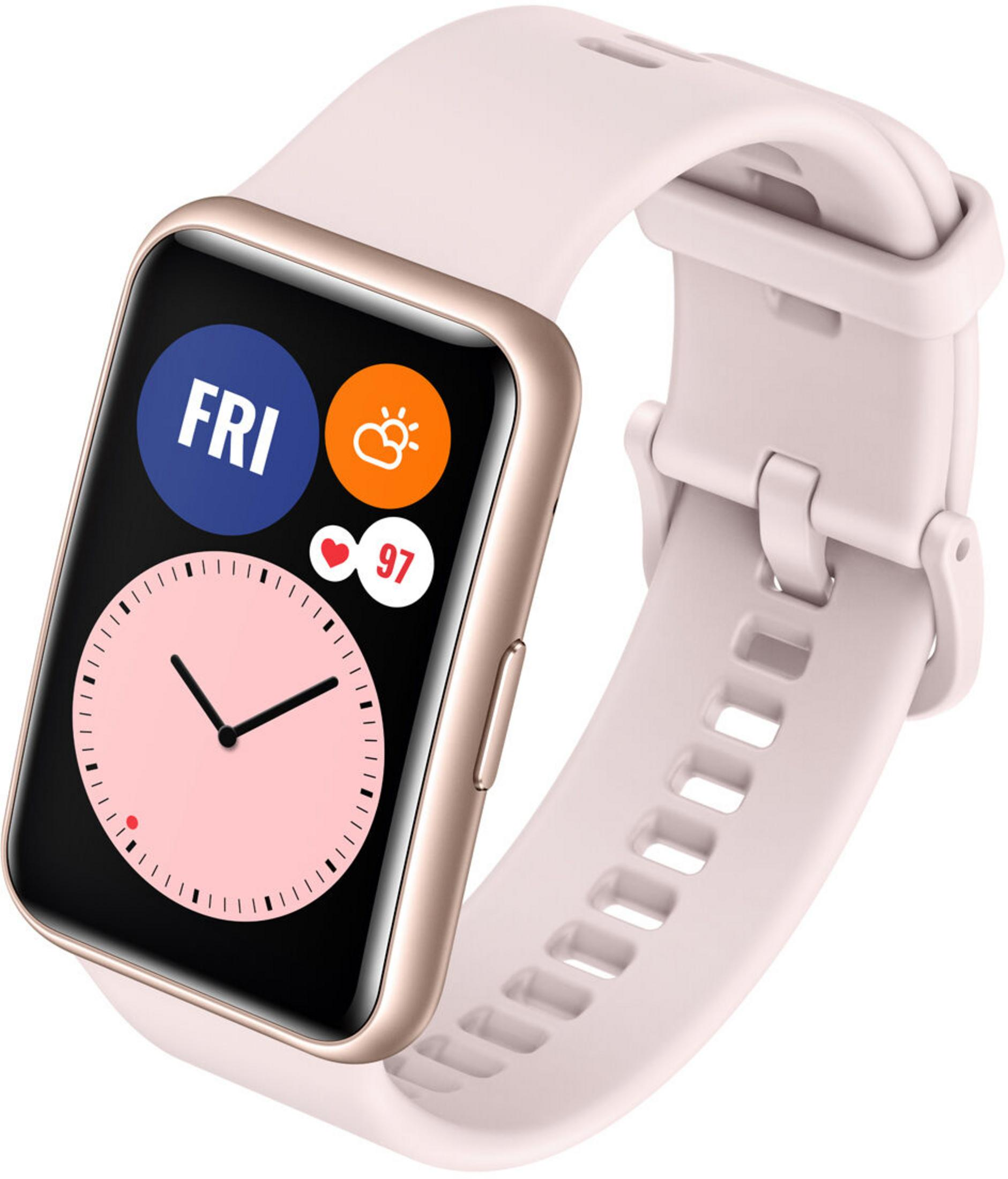 Różowy smartwatch z kopertą w kolorze różowego złota i różową bransoletą. Ekran pokazuje dzień, pogodę.