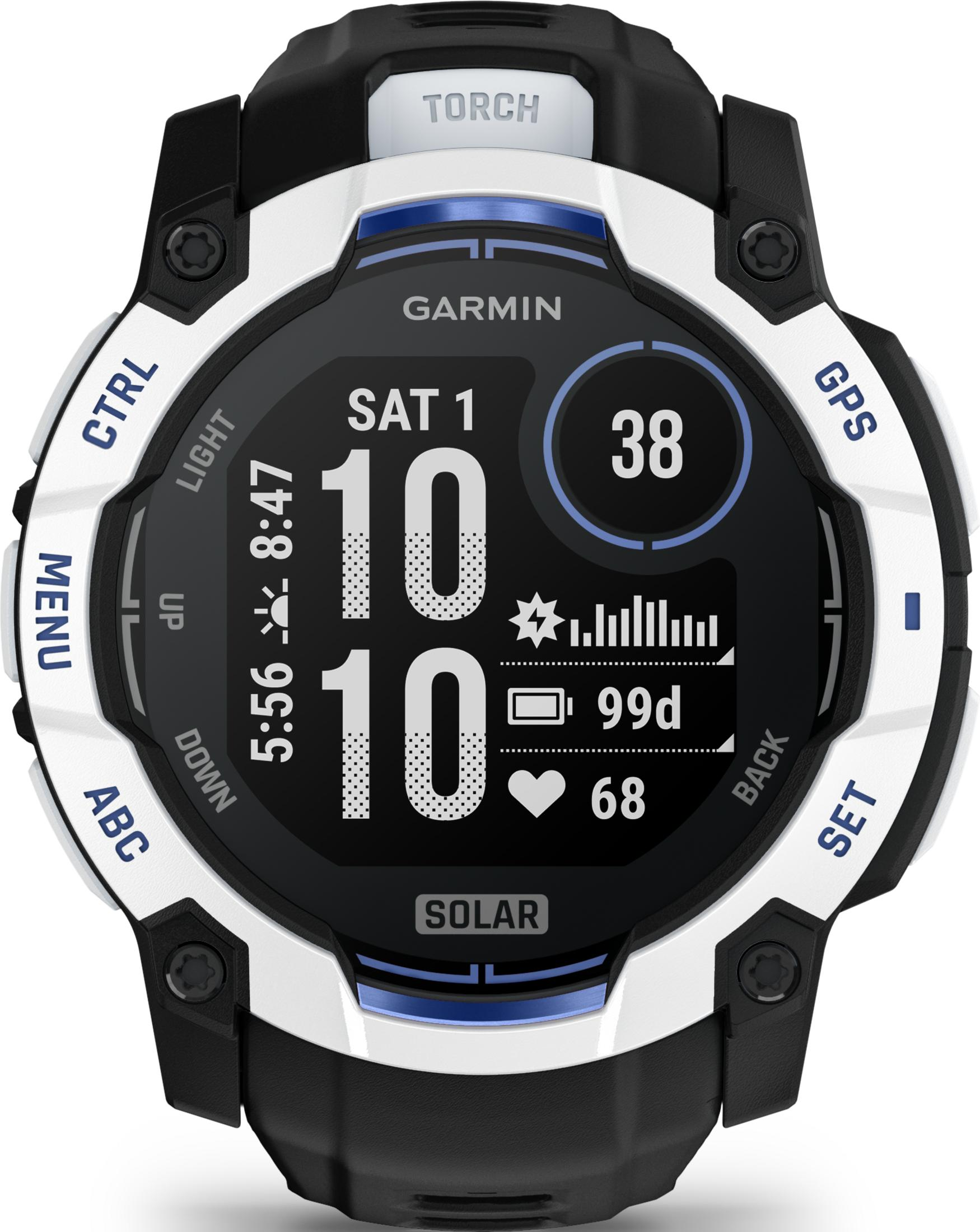 Biały i czarny smartwatch Garmin z niebieskim akcentem, pokazujący datę, godzinę, energię słoneczną.