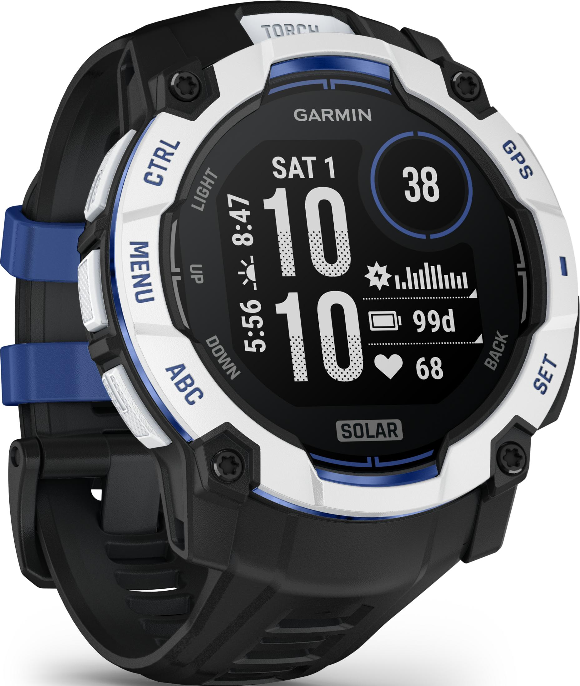 Czarno-biały smartwatch Garmin z niebieskim paskiem. Zegarek wyświetla czas, datę, tętno i pogodę.