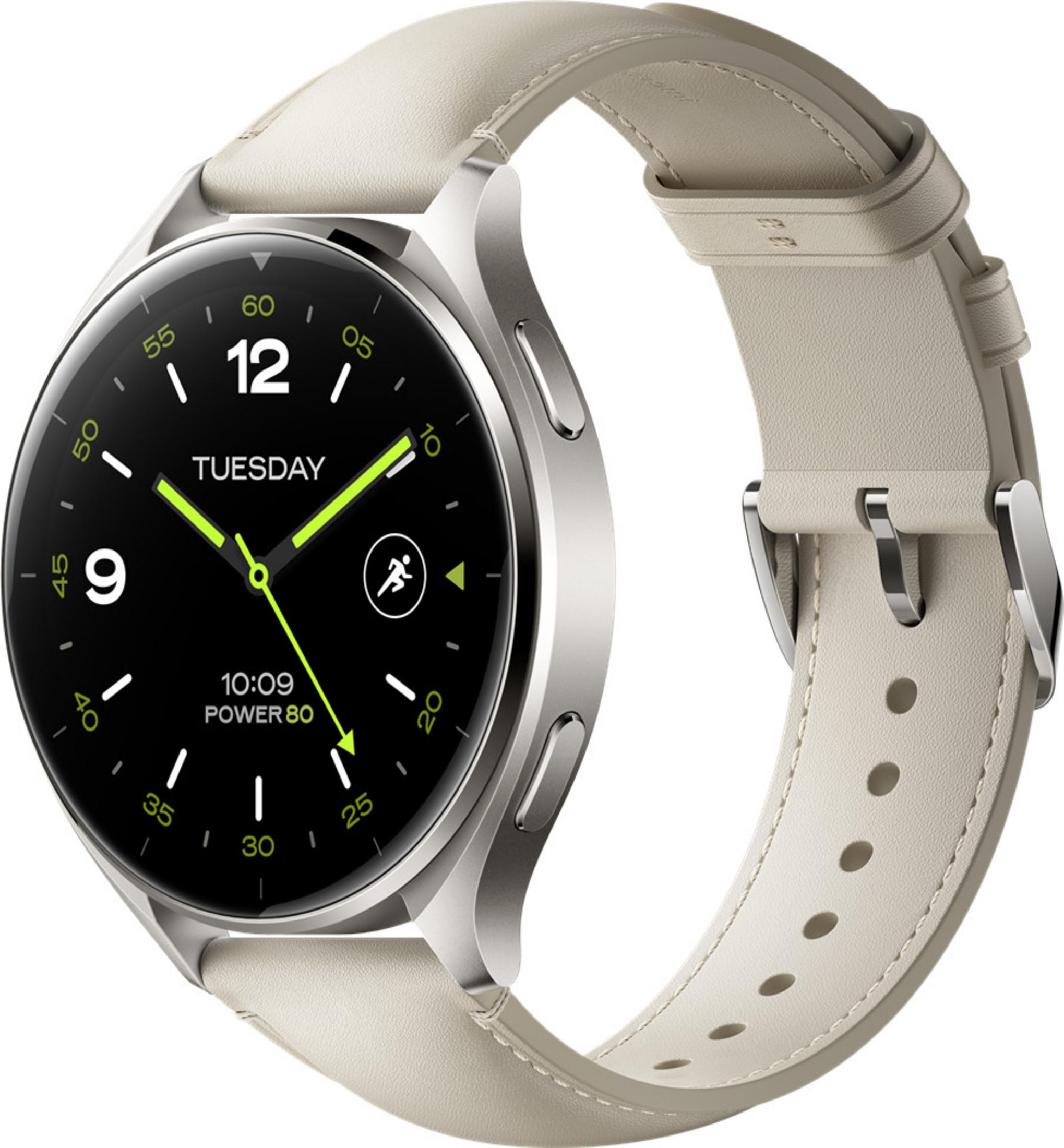 Reloj inteligente plateado con correa de cuero clara y pantalla negra.