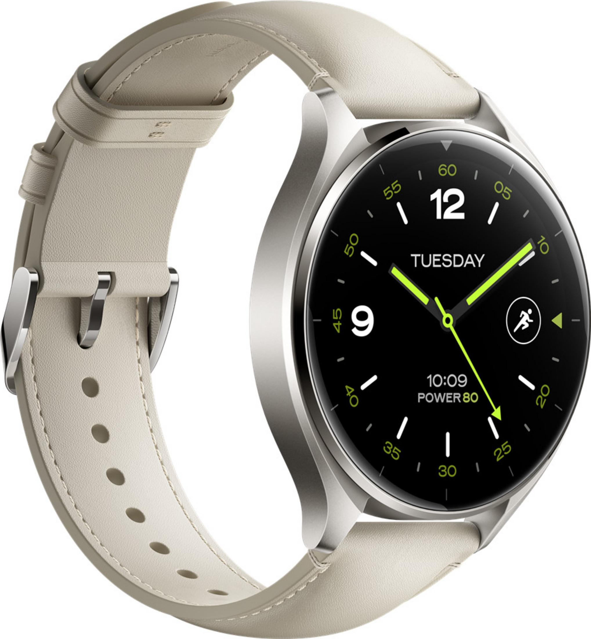 Un reloj inteligente con correa de cuero clara y pantalla digital negra.