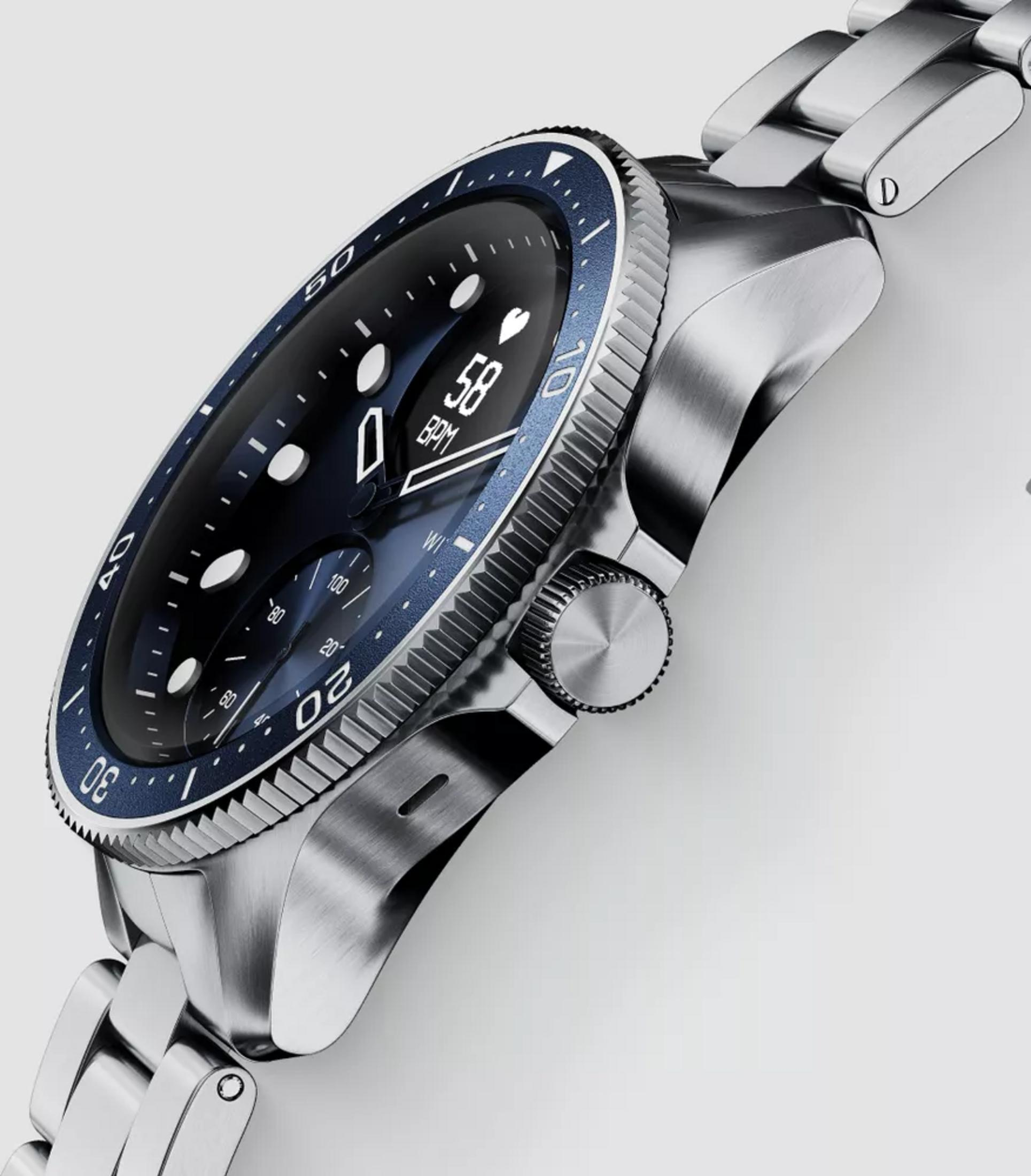 Eine silberne Smartwatch mit blauem Zifferblatt und Herzfrequenzanzeige.