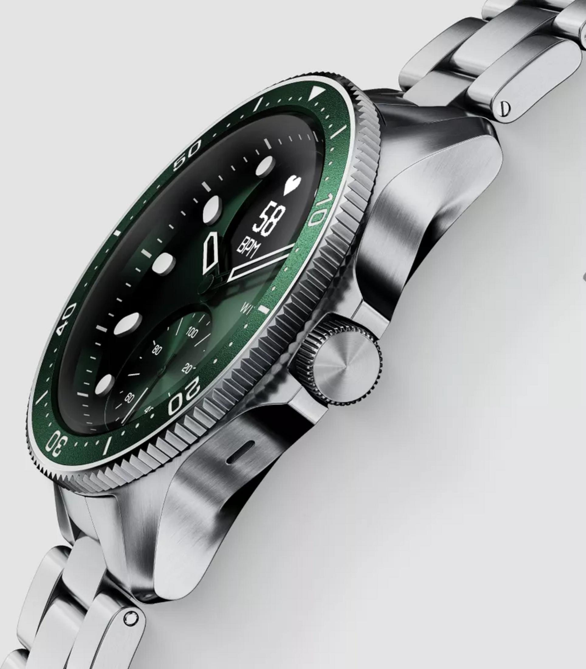 Eine silberne Smartwatch mit grünem Zifferblatt und Armband. Die Uhr zeigt 58 BPM an.