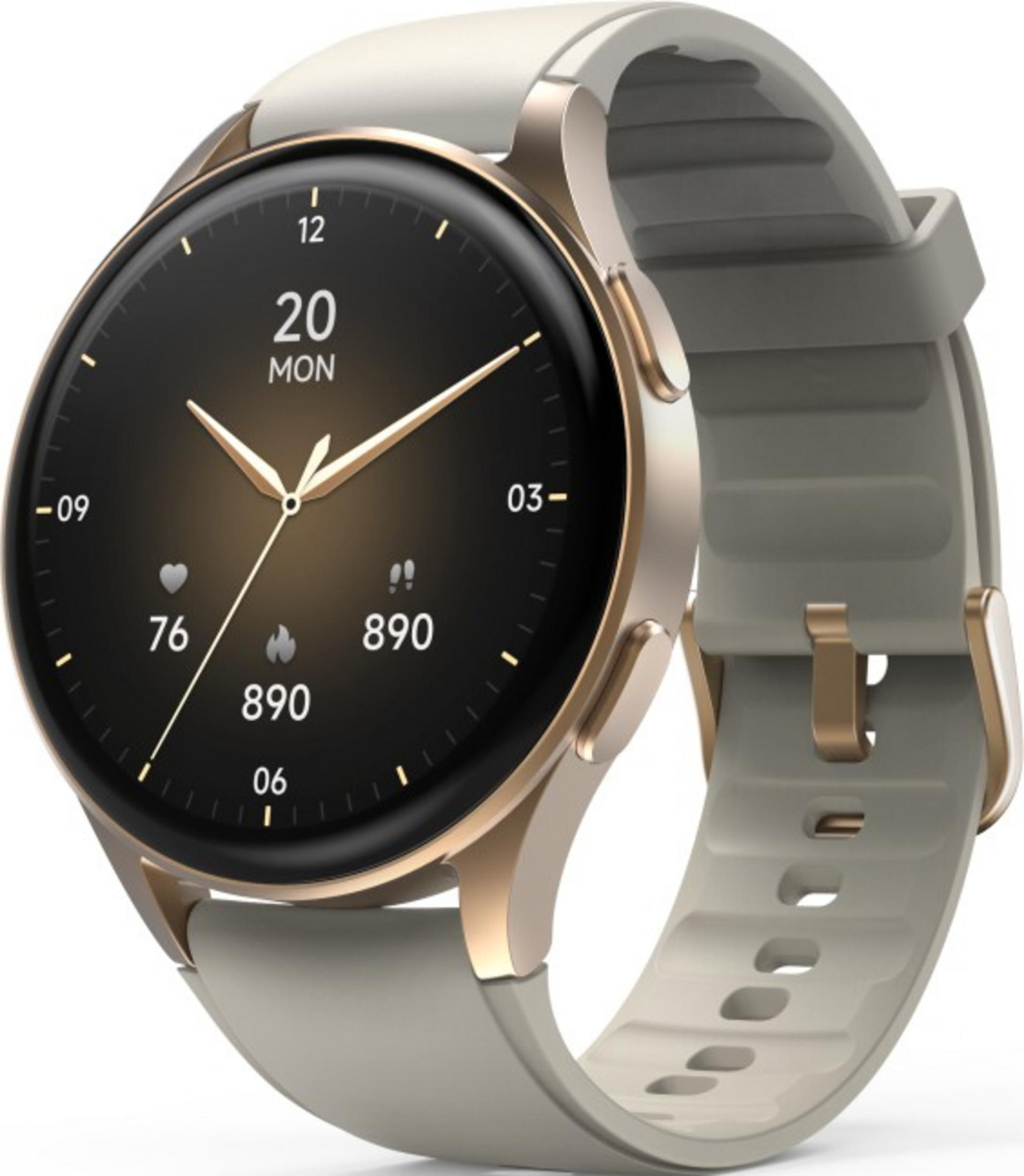 Szary smartwatch ze złotą ramką i czarnym wyświetlaczem pokazującym czas.