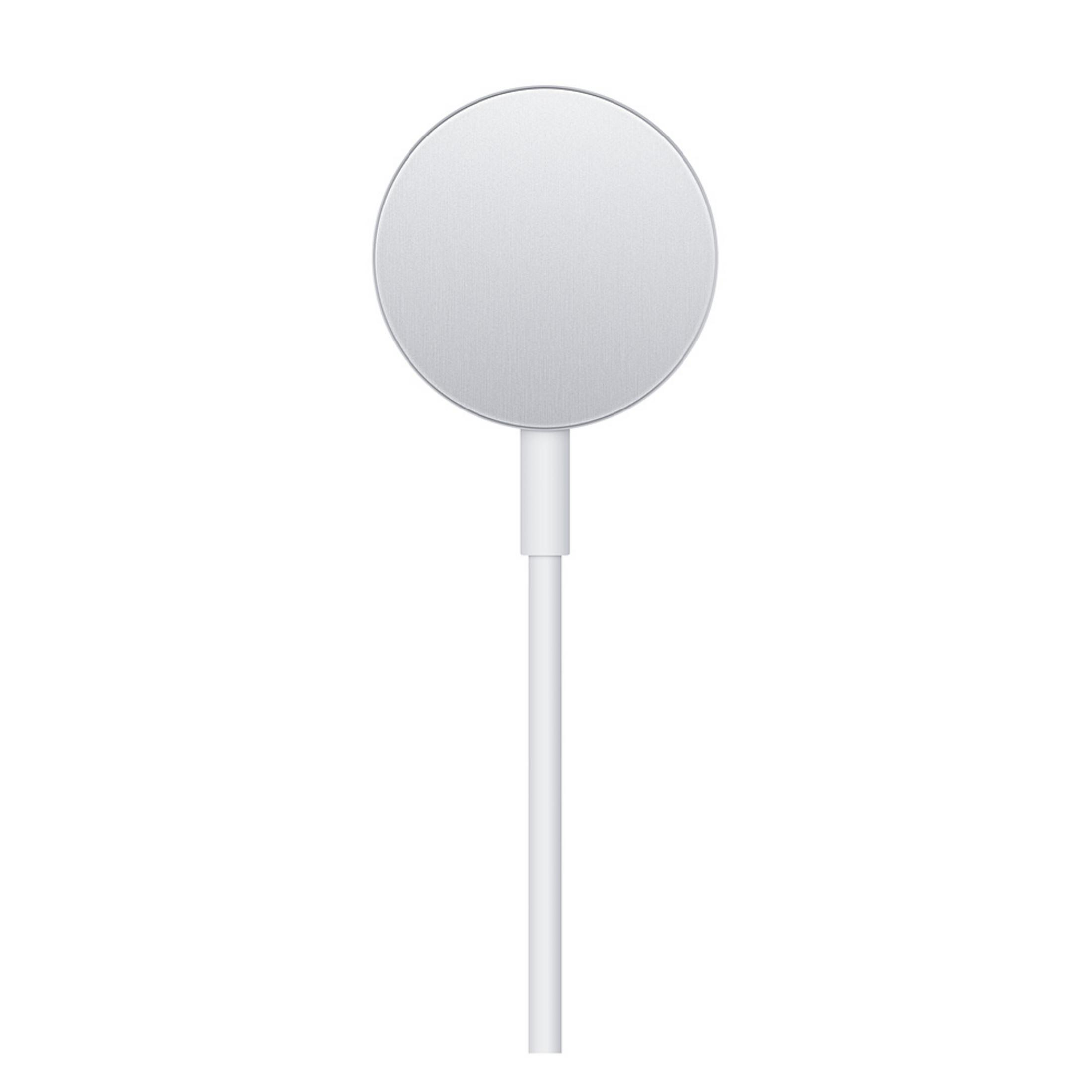 Biały kabel ładujący z okrągłą, srebrną podkładką ładującą na górze.