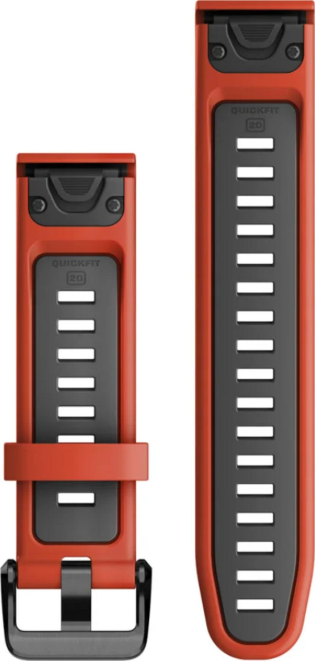 Zwei rote Uhrenarmbänder mit schwarzen Einsätzen und silberner Schnalle.