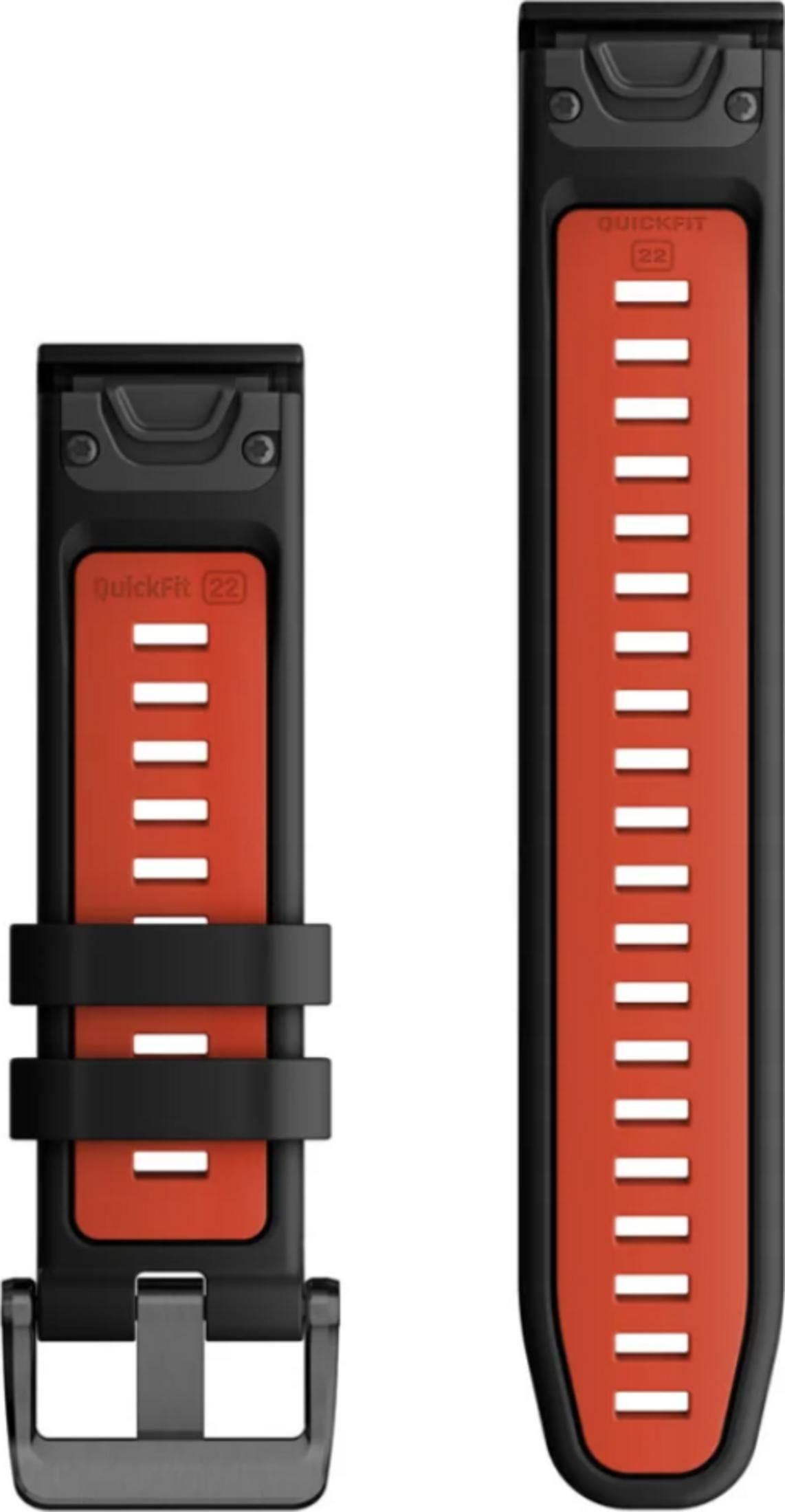 Zwei schwarze Uhrenarmbänder mit roten Einsätzen und weißen Schlitzen.