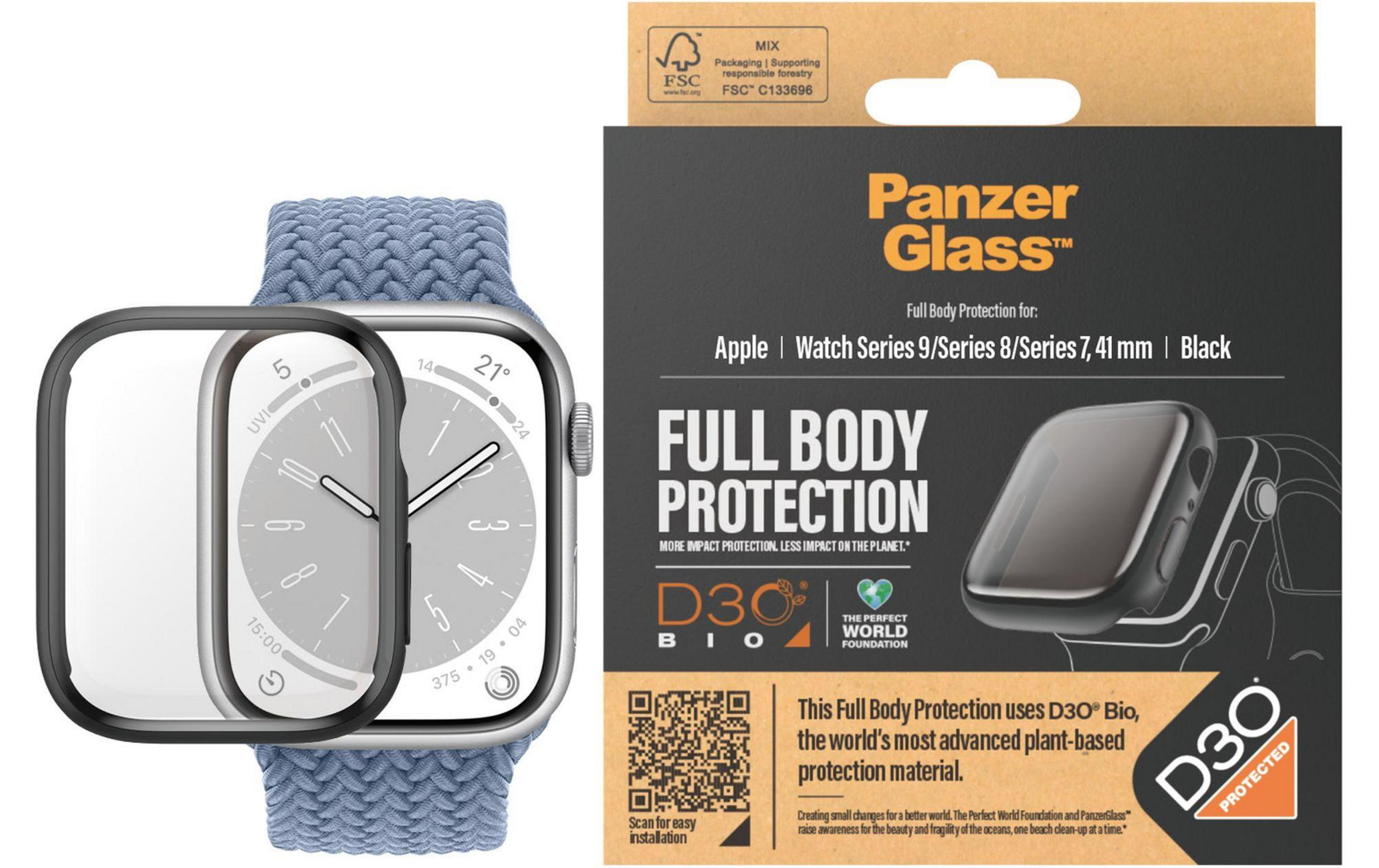 Een Apple Watch met blauwe band en PanzerGlass hoes. Verpakking adverteert D3O Bio bescherming.