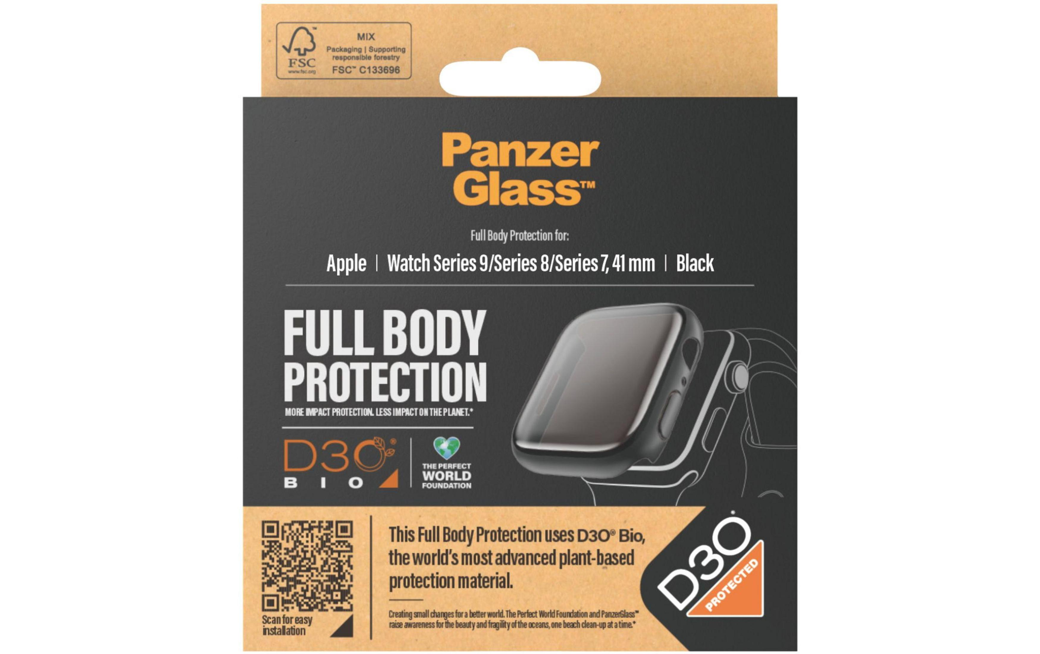 Zwarte Panzer Glass full body bescherming voor Apple Watch Series 9/8/7, 41mm.