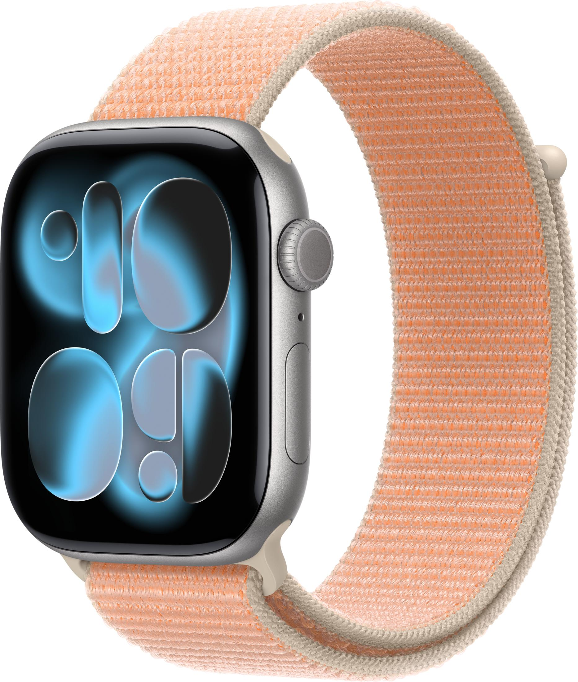 Uno smartwatch argentato con cinturino in tessuto arancione chiaro e quadrante digitale blu.